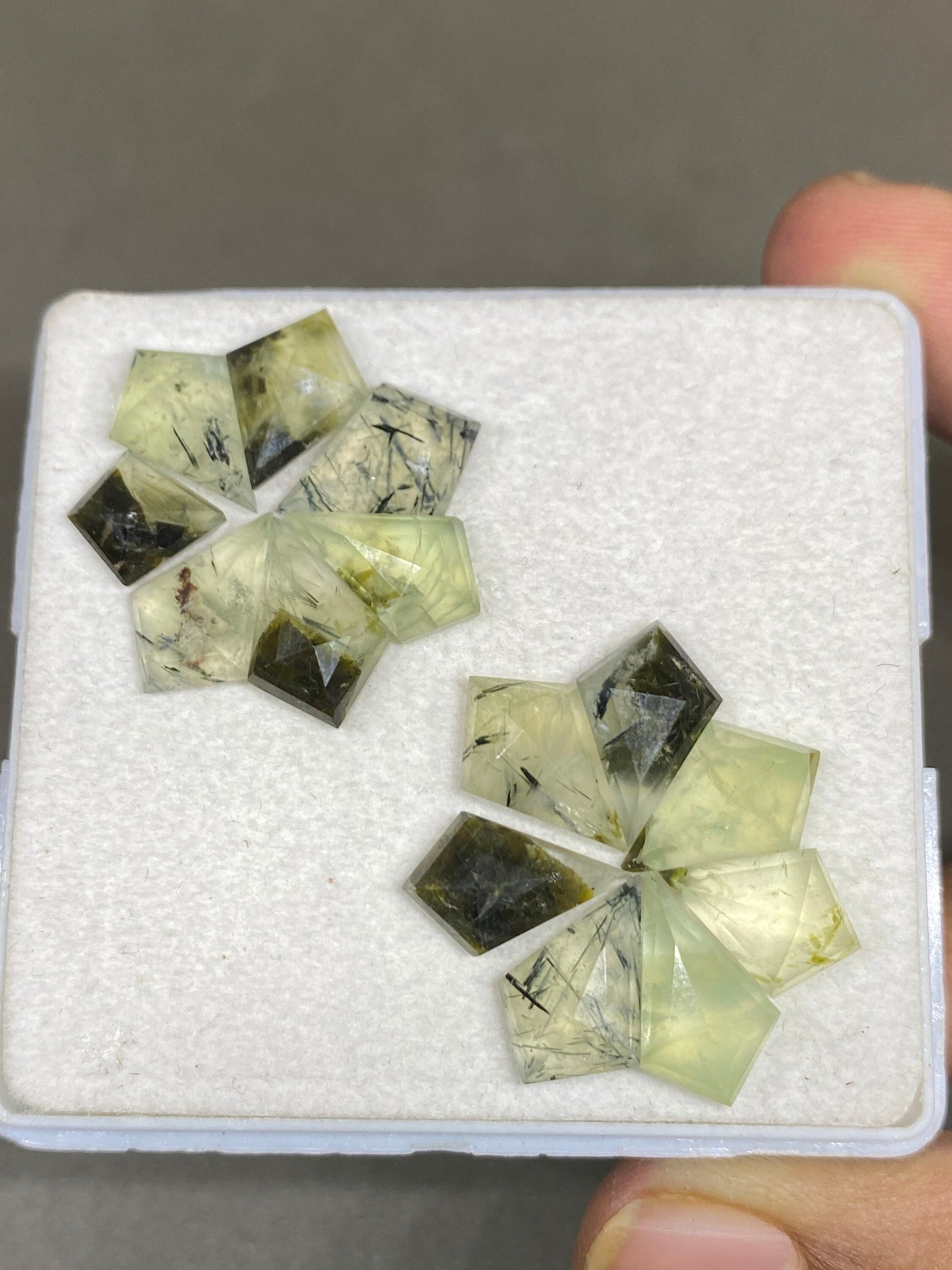 Attractive rutile stepcut gems green prehnite kite stepcut pcs 14 weight 43 cts size 10.9x9.5-15x10mm prehnite step cut