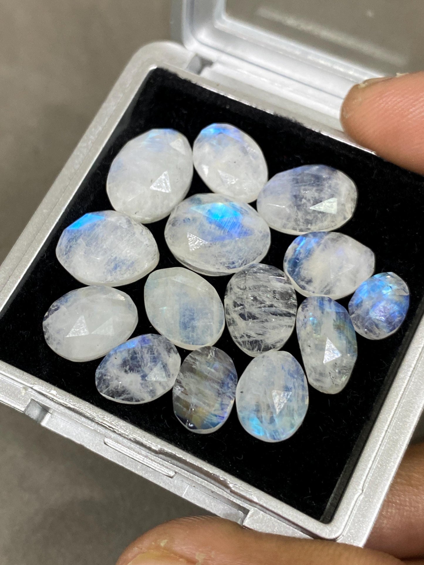 Cute Blue fire rainbow moonstone unusual faceted rosecut pcs 14 wt 46 cts size 8.5x6.5mm-13x10mm fire rainbow moonstone faceted moonstone