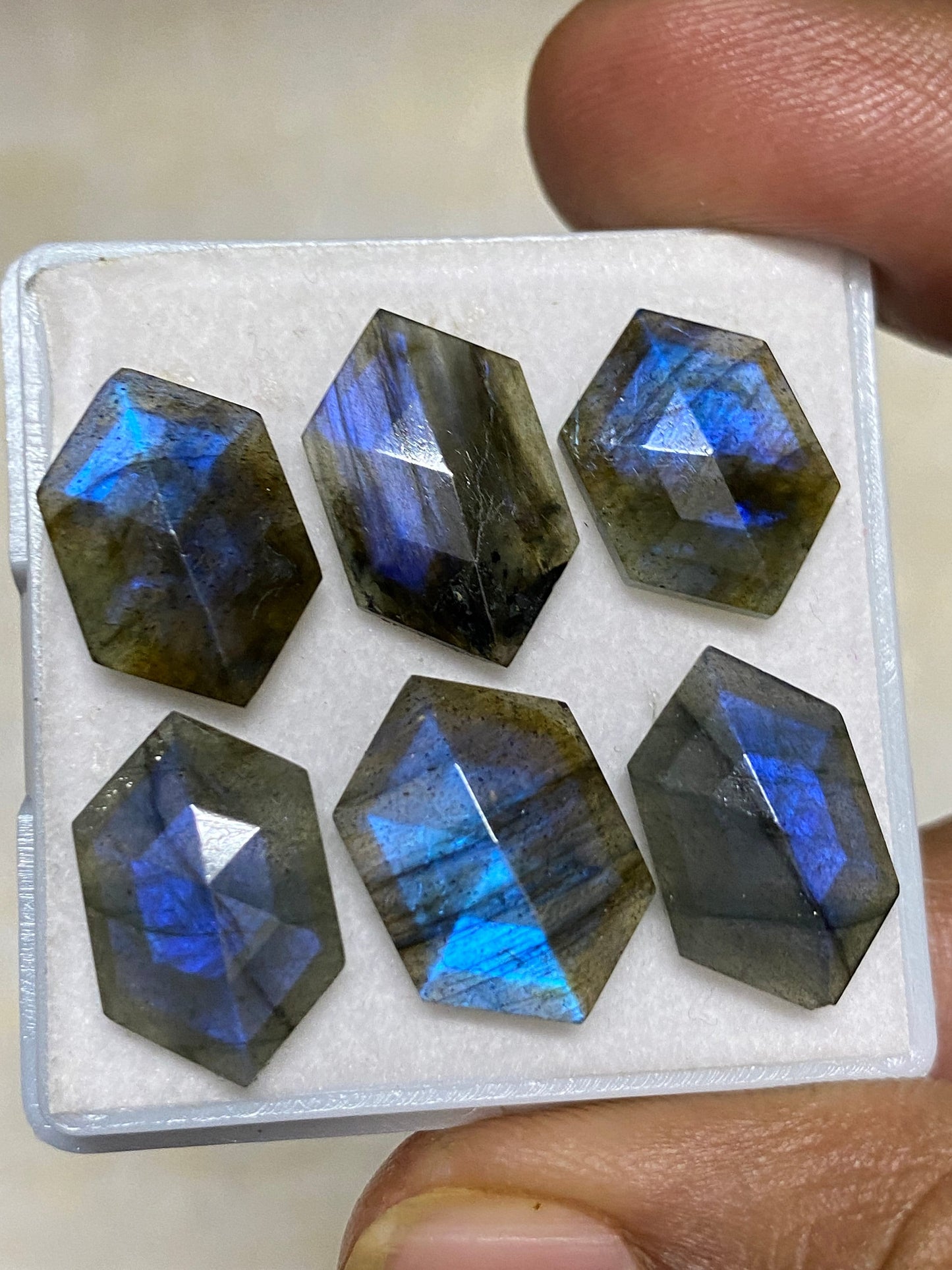 Dazzling blue fire labradorite hexagon step cut wt 30.5 cts pcs 6 size 15.2x10.9-16.5x11.5mm blue fire labradorite hexagon