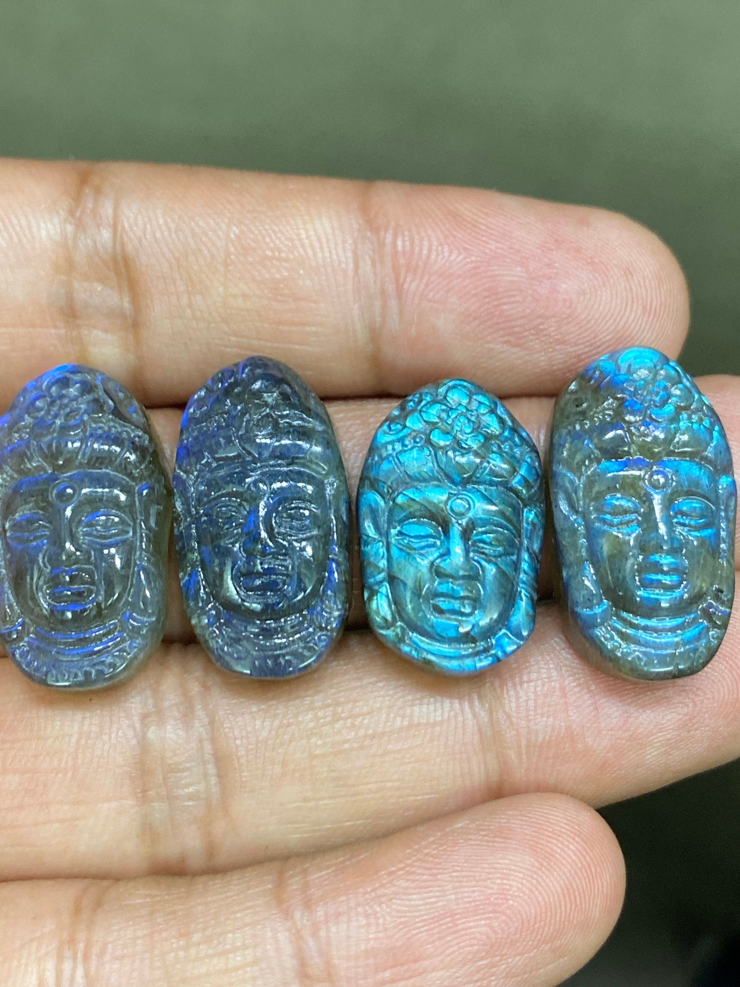 Stunning AAA Natural Blue fire labradorite Lord Face  carving aaa wt 89 cts pcs 4 size 26x14mm labradorite lord face  carving