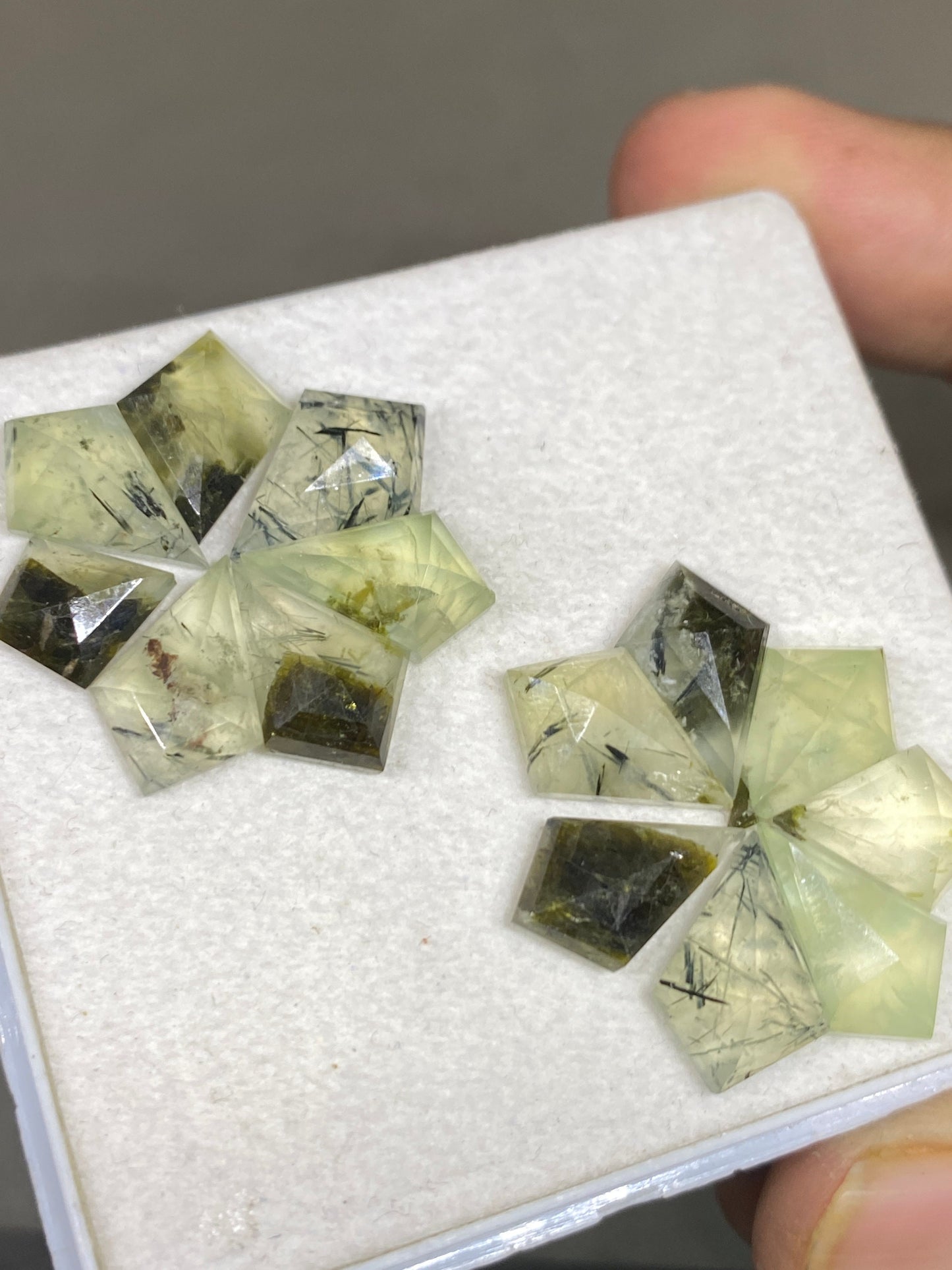 Attractive rutile stepcut gems green prehnite kite stepcut pcs 14 weight 43 cts size 10.9x9.5-15x10mm prehnite step cut