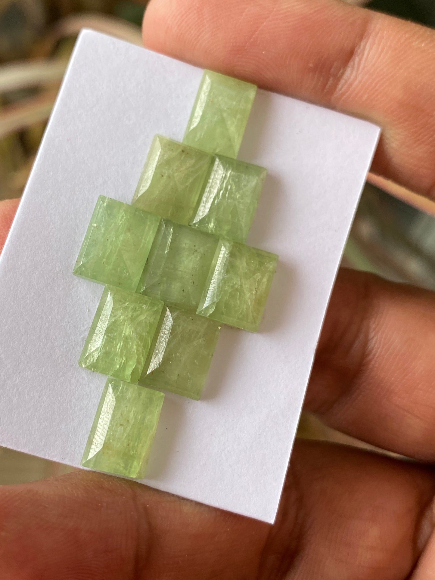 Fascinating rare parrot green Kyanite cushion stepcut flats quality wt 33 carats pcs 9 size 10x7mm-10x8mm aaa quality rosecut green kyanite