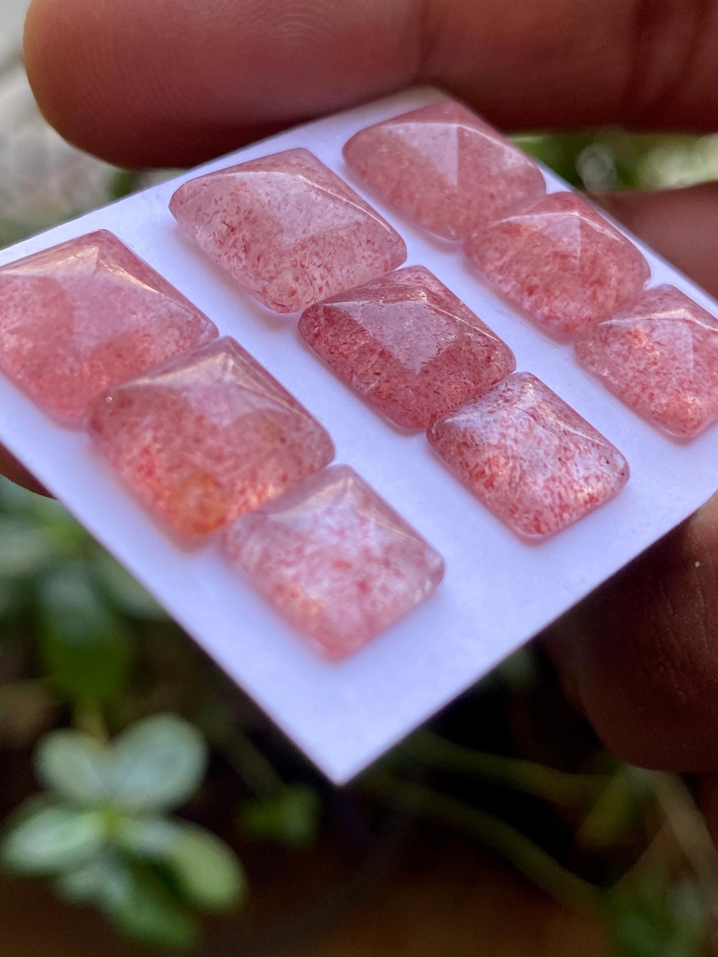 Mesmerising rare strawberry quartz sugar loaf cabochons  weight 35.65 cts pcs 9 size 9mm-11mm pink quartz sugar loaf cabcohon