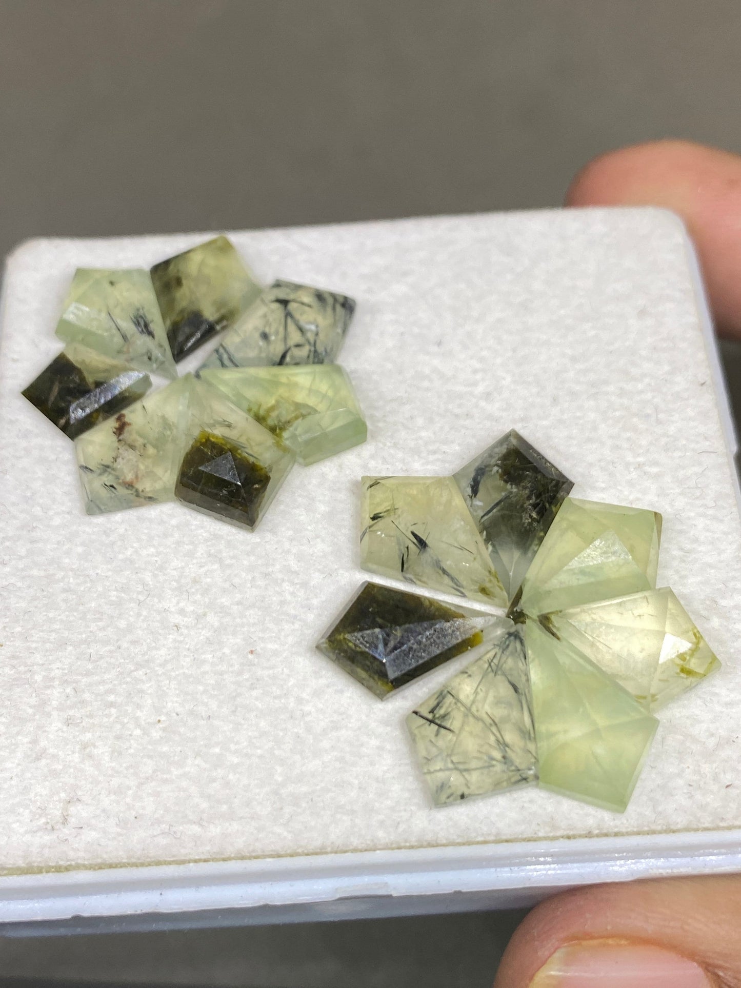 Attractive rutile stepcut gems green prehnite kite stepcut pcs 14 weight 43 cts size 10.9x9.5-15x10mm prehnite step cut