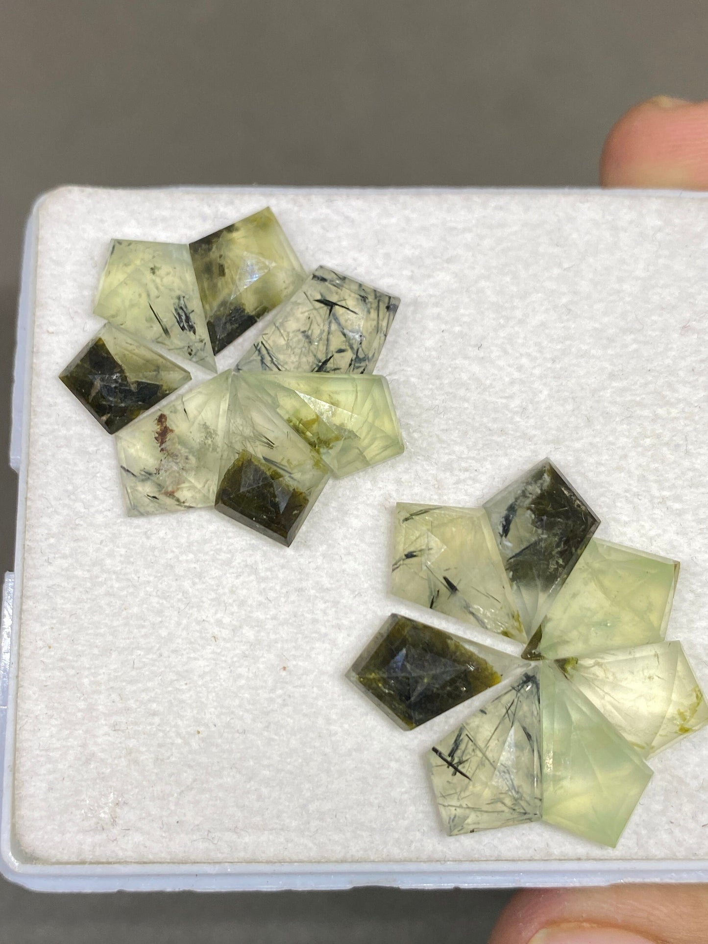 Attractive rutile stepcut gems green prehnite kite stepcut pcs 14 weight 43 cts size 10.9x9.5-15x10mm prehnite step cut