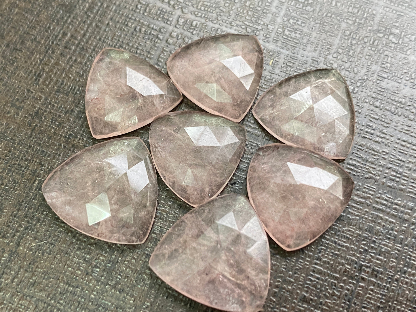 Cute baby pink Strawberry quartz trillion lot pcs 7 wt 40  cts size 15mm beautiful pink strawberry quartz trillion shape rosecut