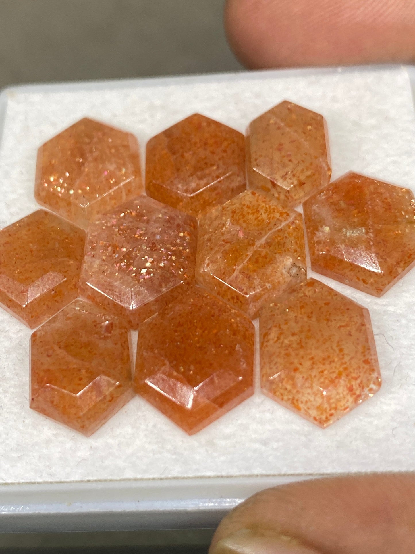 Stunning rare sunstone hexagon shape mirror cut flats wt 44 carats pcs 10 size 13x9-15x11mm sunstone geometric mirror cut flatback gems