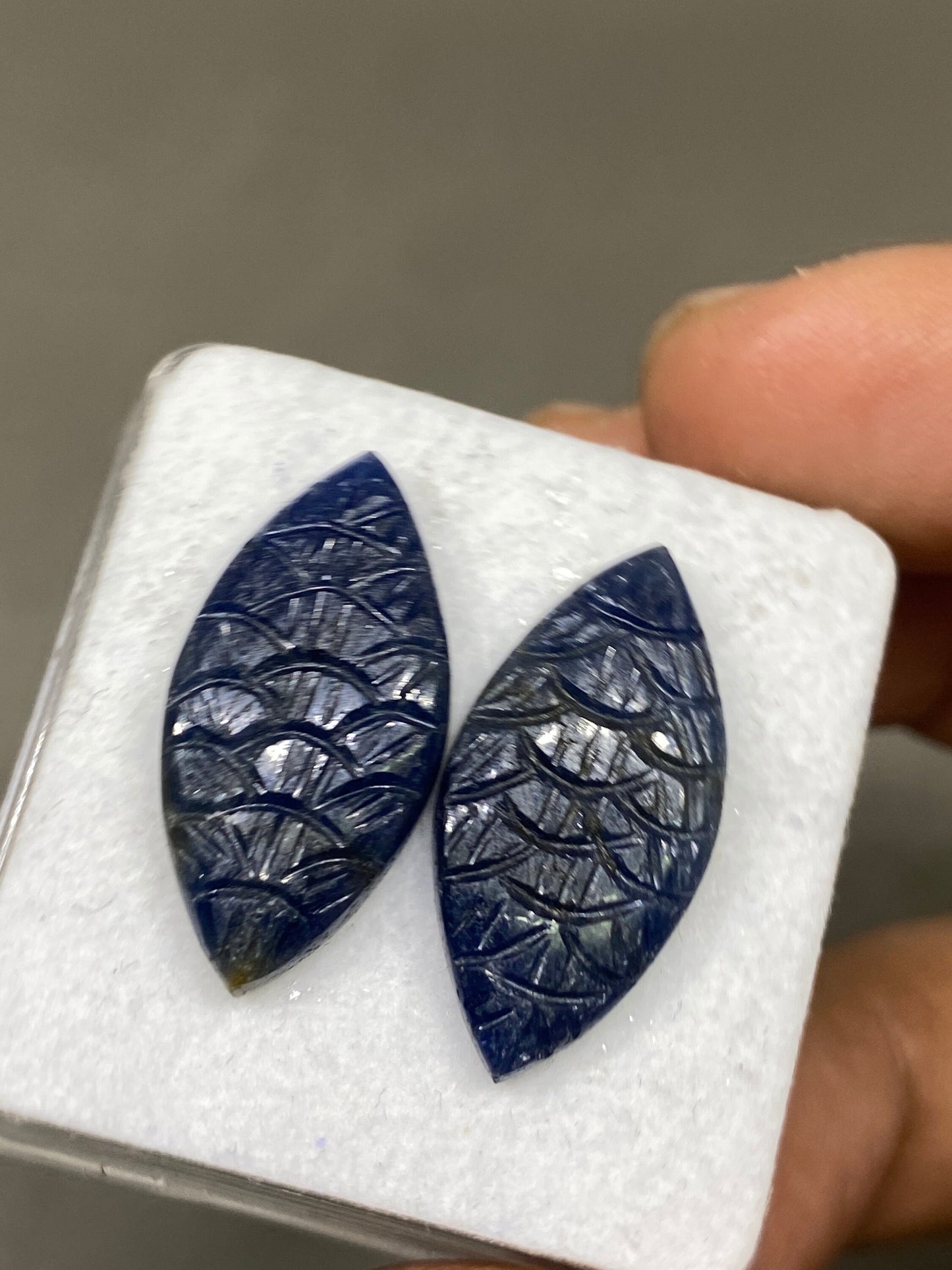 Gorgeous rare blue sapphire leaf carving fine quality pcs 2 wt 24 cts size 23x12mm sapphire carving matched pair sapphire earring