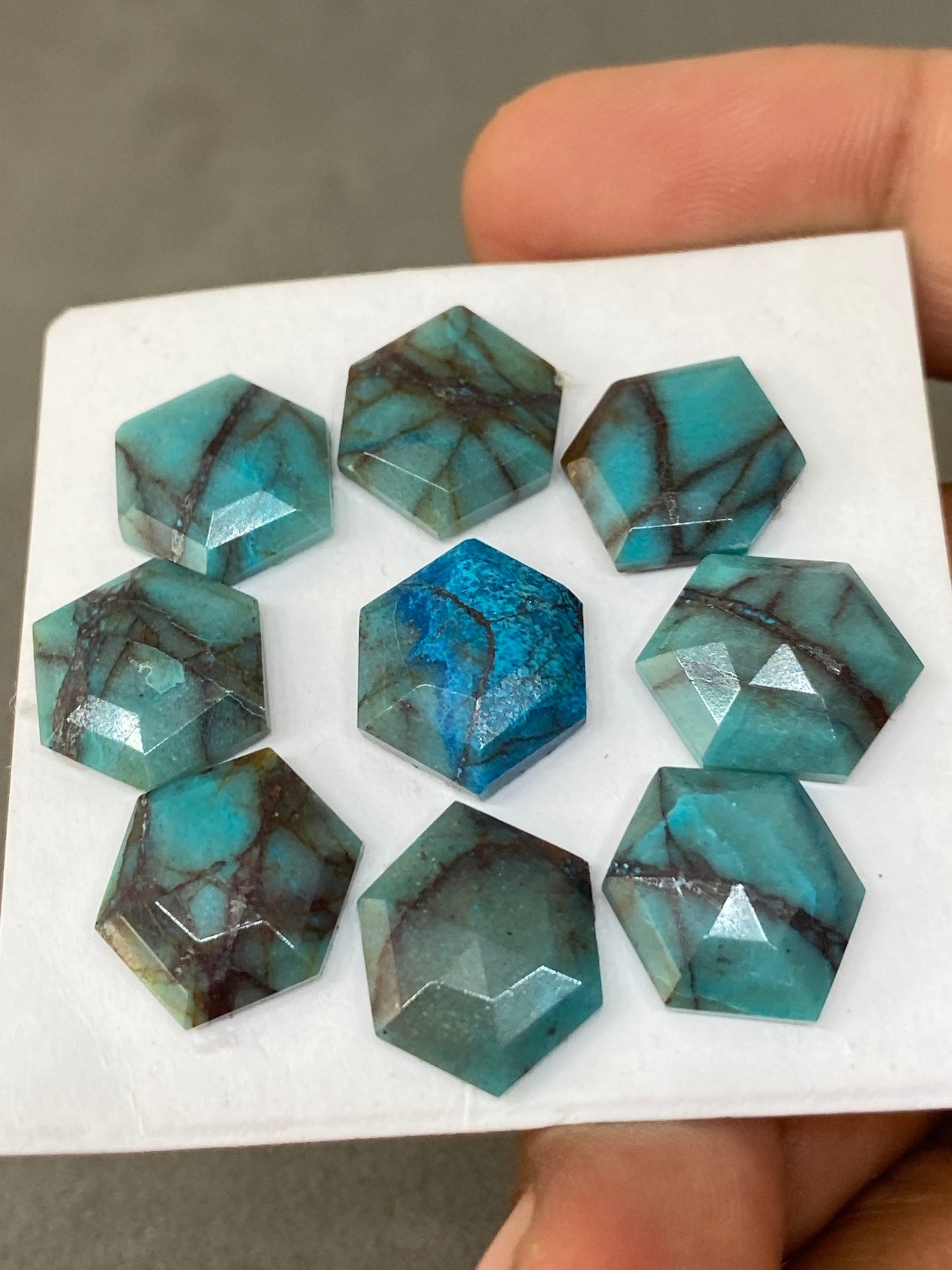 Stunning rare chrysocolla hexagon stepcut wholesale lot weight 43 carats pcs 9 size 14.2x11.7mm-15.5x12.5mm  flatback gems