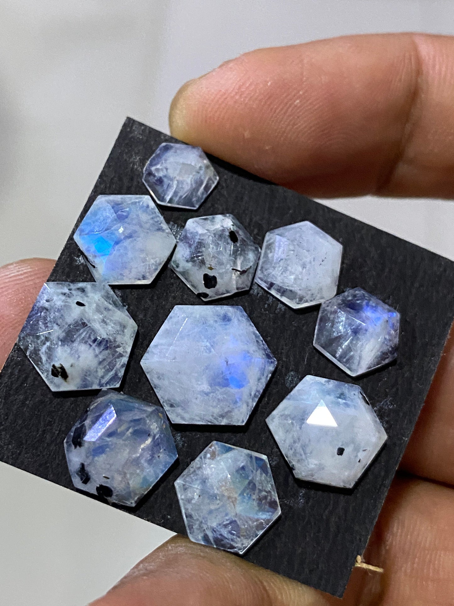 Mesmerising rare Blue fire white rainbow moonstone faceted rosecut hexagon pcs 10 wt 29 cts size 8mm-14mm fire rainbow moonstone