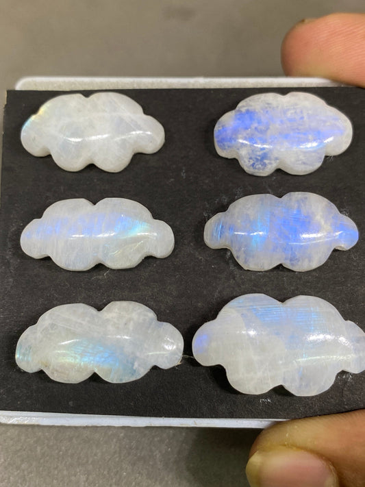 Gorgeous rare white moonstone cloud carving  blue fire moonstone   carving pcs 6 wt 103.5 cts size 22x13-27x15mm  moonstone cloud carving