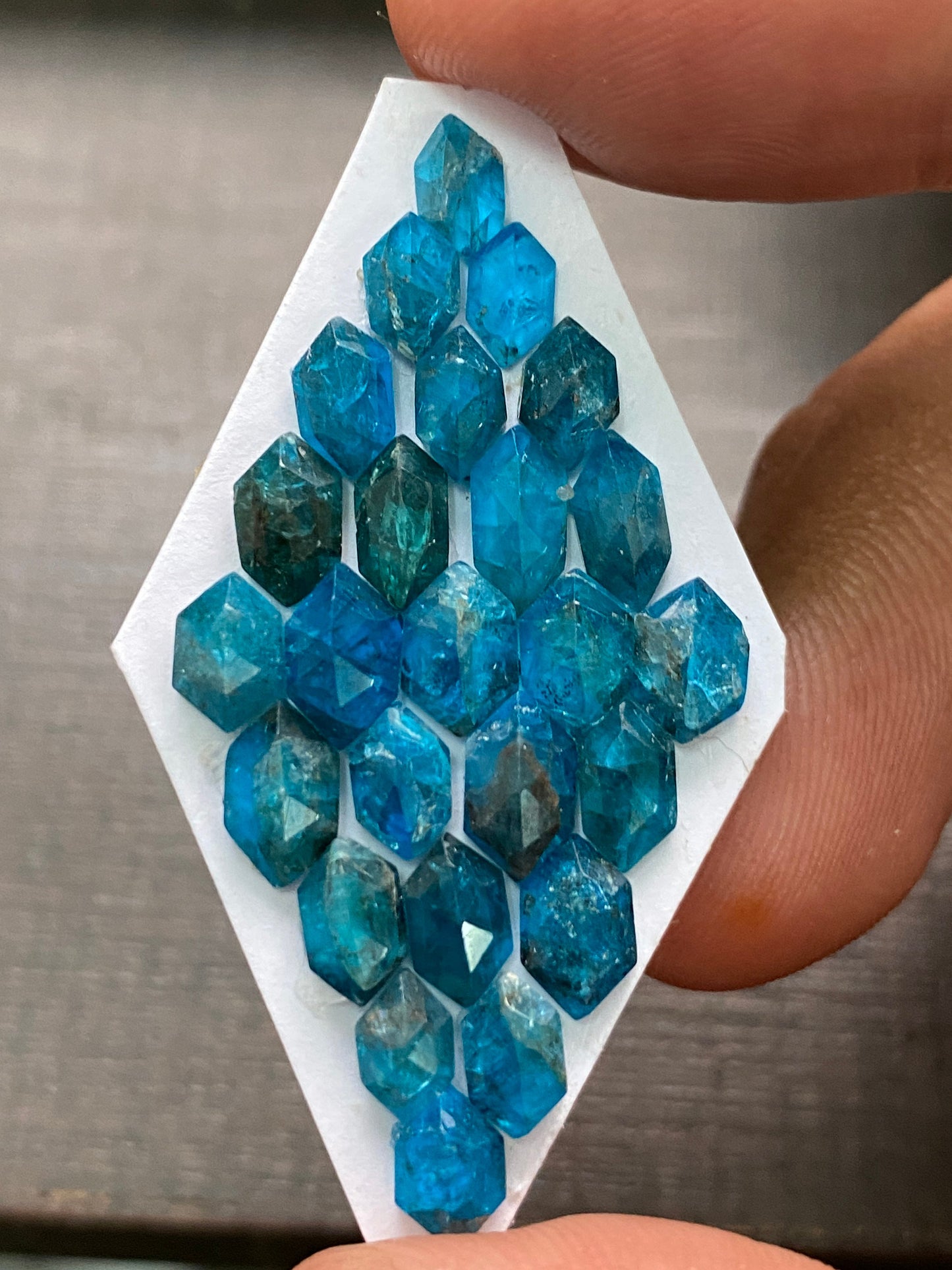 Gorgeous neon blue apatite hexagon stepcut faceted hexagon size 7x5-8x5mm fancy hexagon nice pcs 25 wt 17.45 cts apatite hexagon