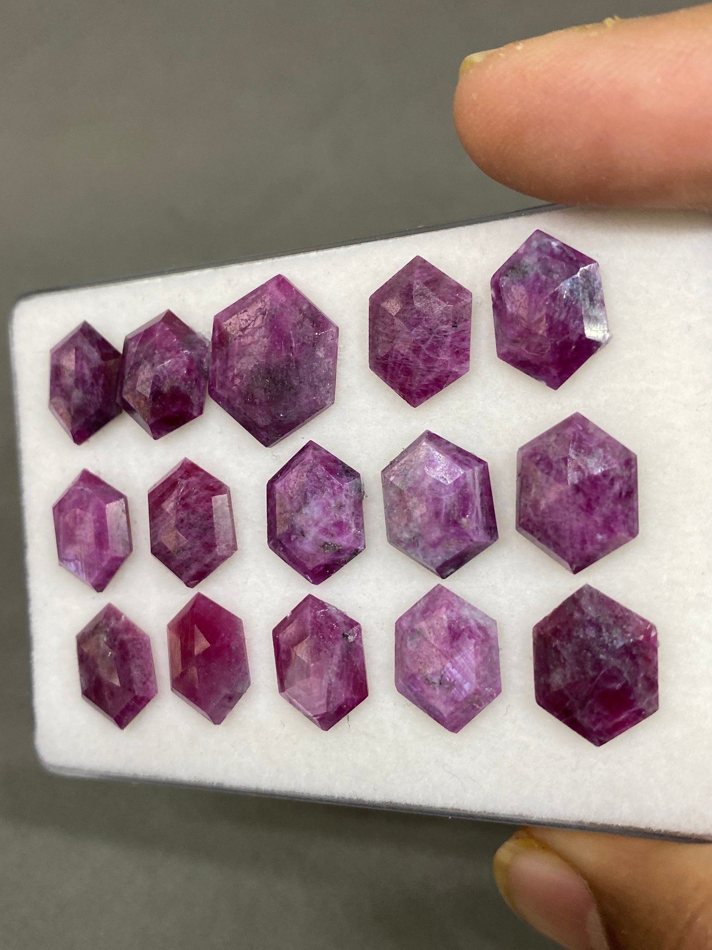 Eye catching Rare silver sheen ruby hexagon step cuts weight 71 carats pcs 15 size 13.9x10.5mm-17.4x16.4mm ruby hexagon flatbacks