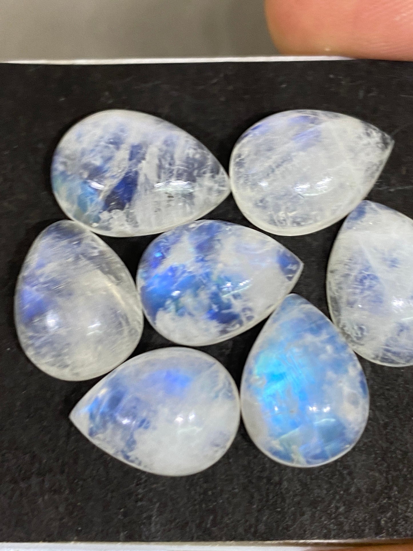 Fascinating  Blue fire rainbow moonstone pear cabochons  lot pcs 7 weight 61 cts size 16x11-17x12mm beautiful fire rainbow moonstone