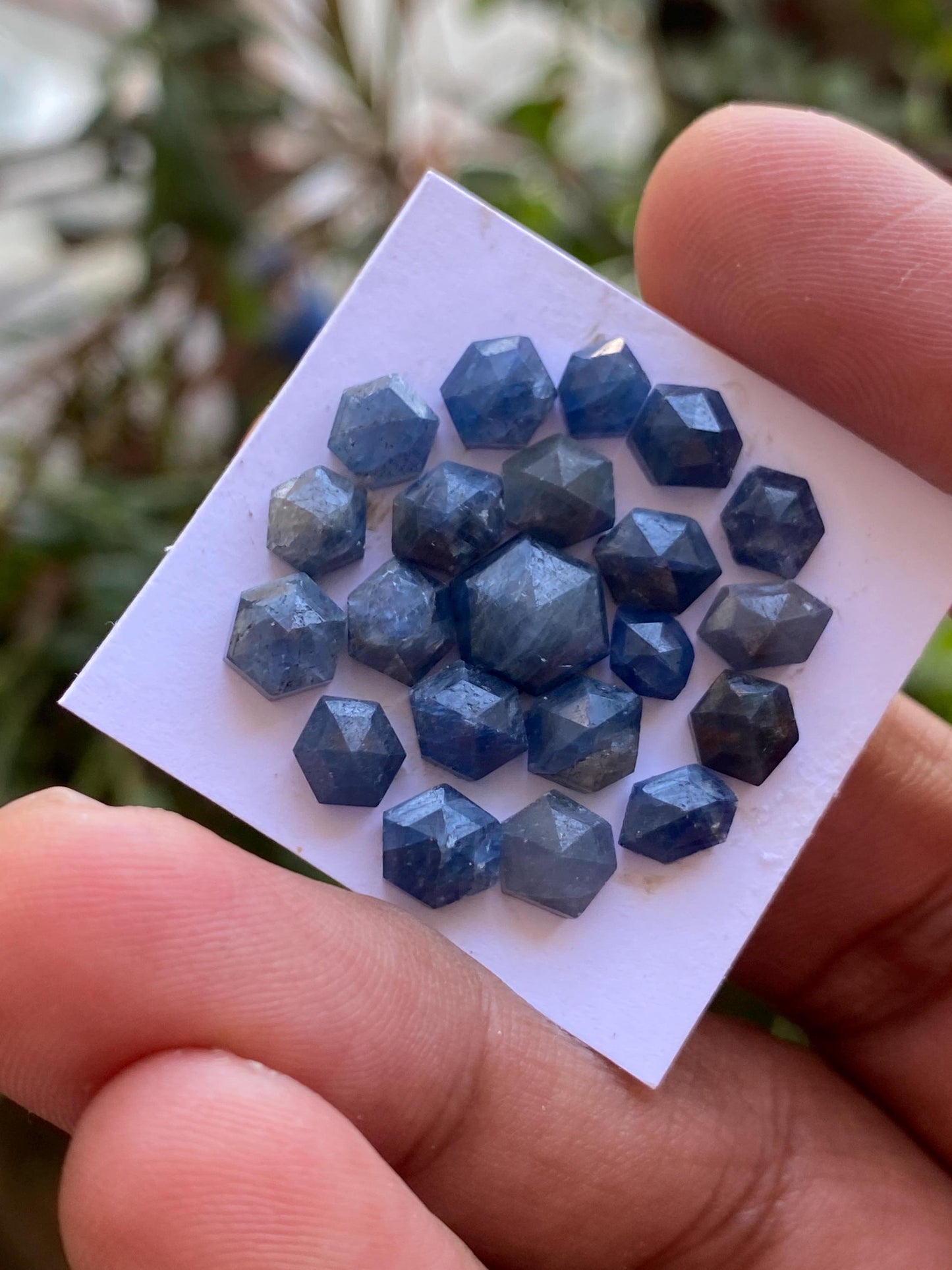 Rare blue sapphire hexagon step cuts  wt 30.80 cts  Pcs  21 size 5.5x4.8mm-9.6x7.9mm blue sapphire stepcut hexagon flatbacks