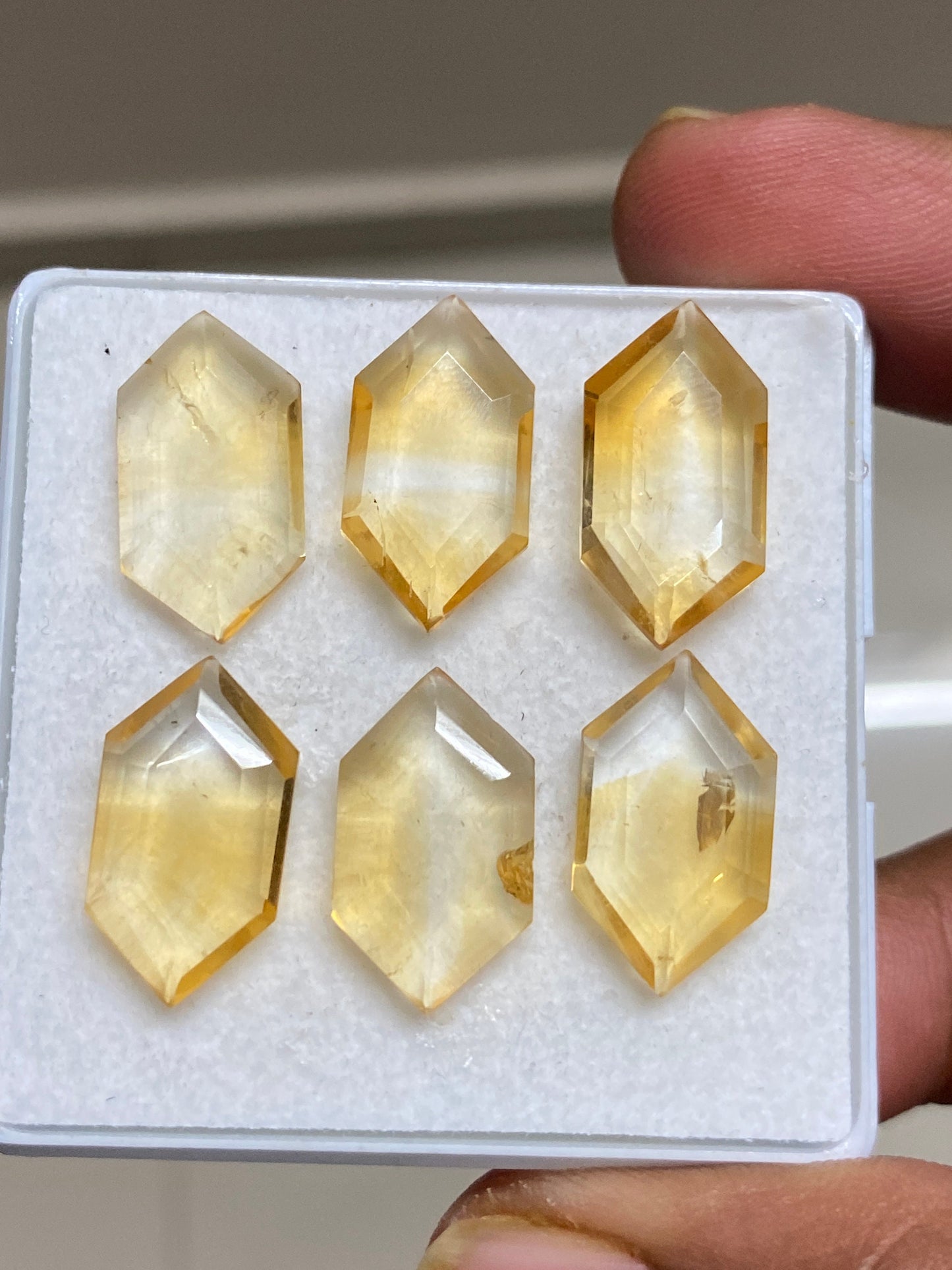 Dazzling rare citrine hexagon mirror cut weight 32 carats  pcs 6 size 17x8-18x10mm citrine mirror cut hexagon