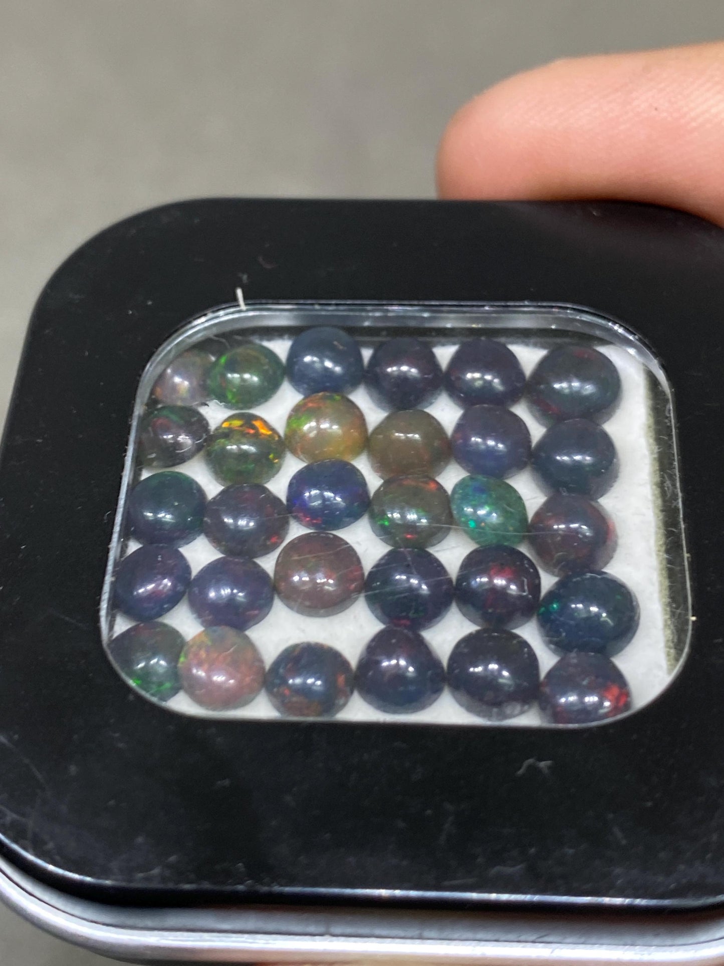 Lovely Rare Black opal (smoked) round opal Fire opal cabochons lot size wt 14 cts size 4.9mm-6mm pcs 36 fire black opals cabochons