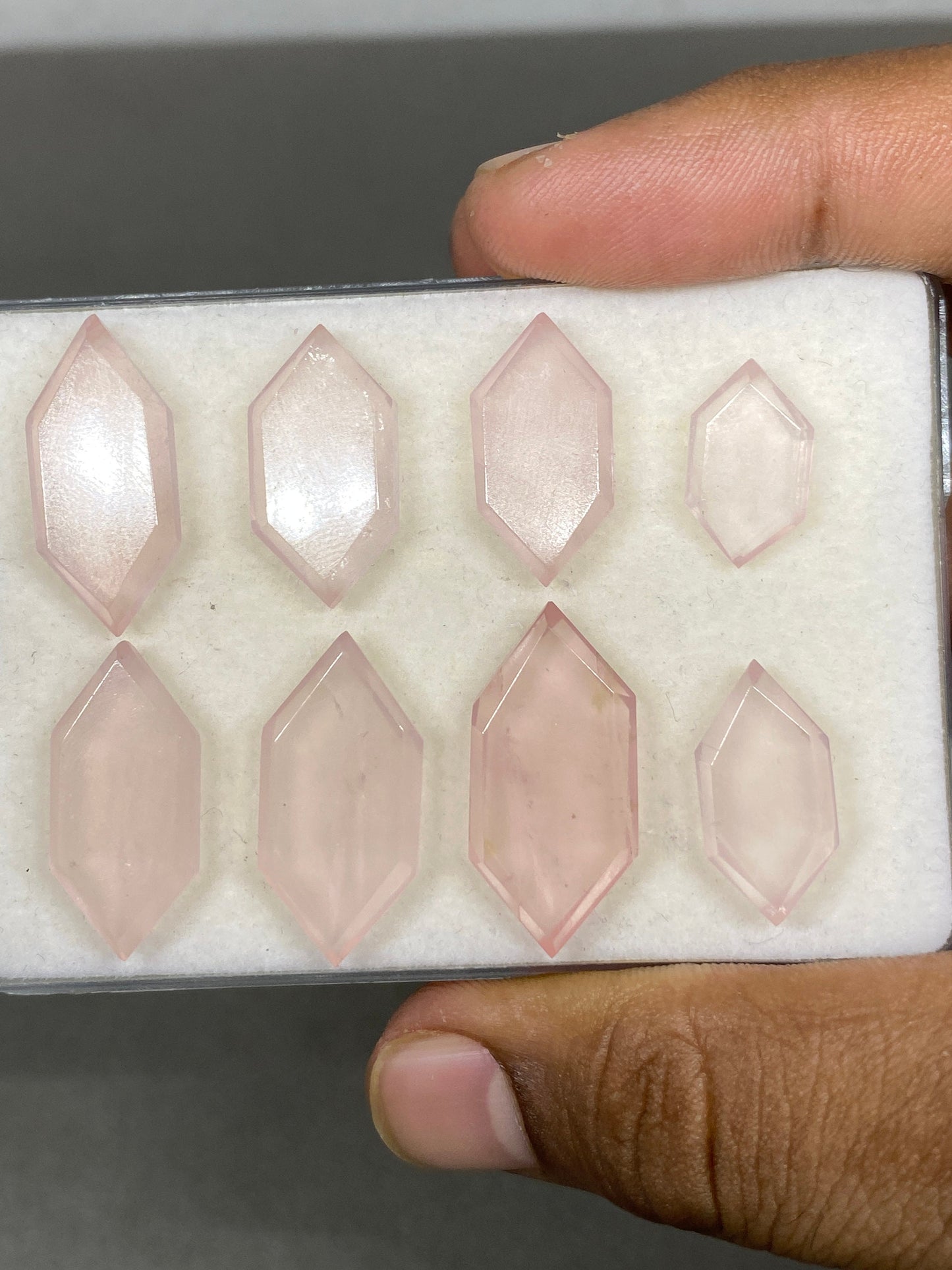 Stunning rare rose quartz hexagon mirror cut weight 76 cts pcs 8 size 16x10mm-28x13mm rose quartz stepcut hexagon