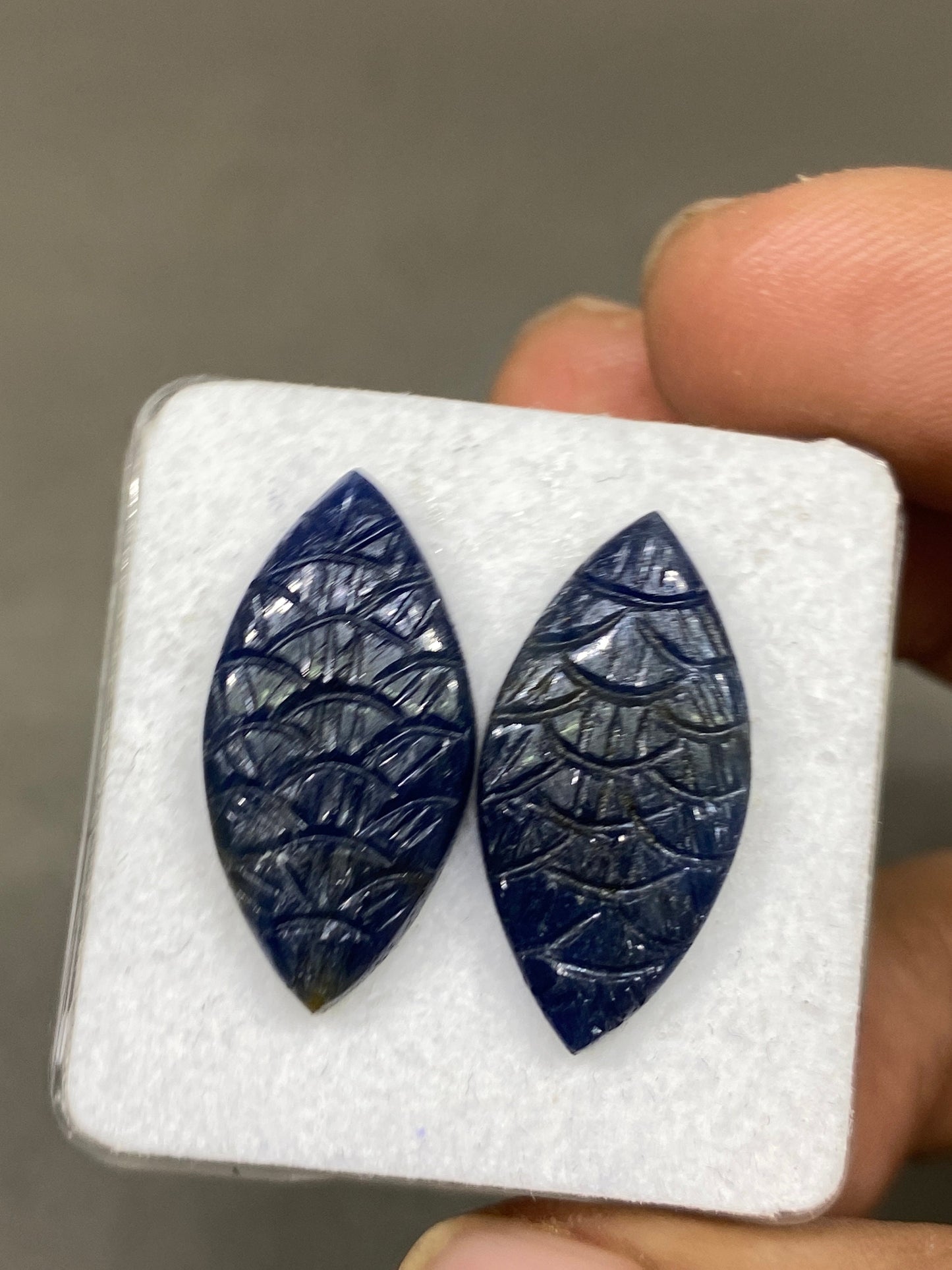 Gorgeous rare blue sapphire leaf carving fine quality pcs 2 wt 24 cts size 23x12mm sapphire carving matched pair sapphire earring