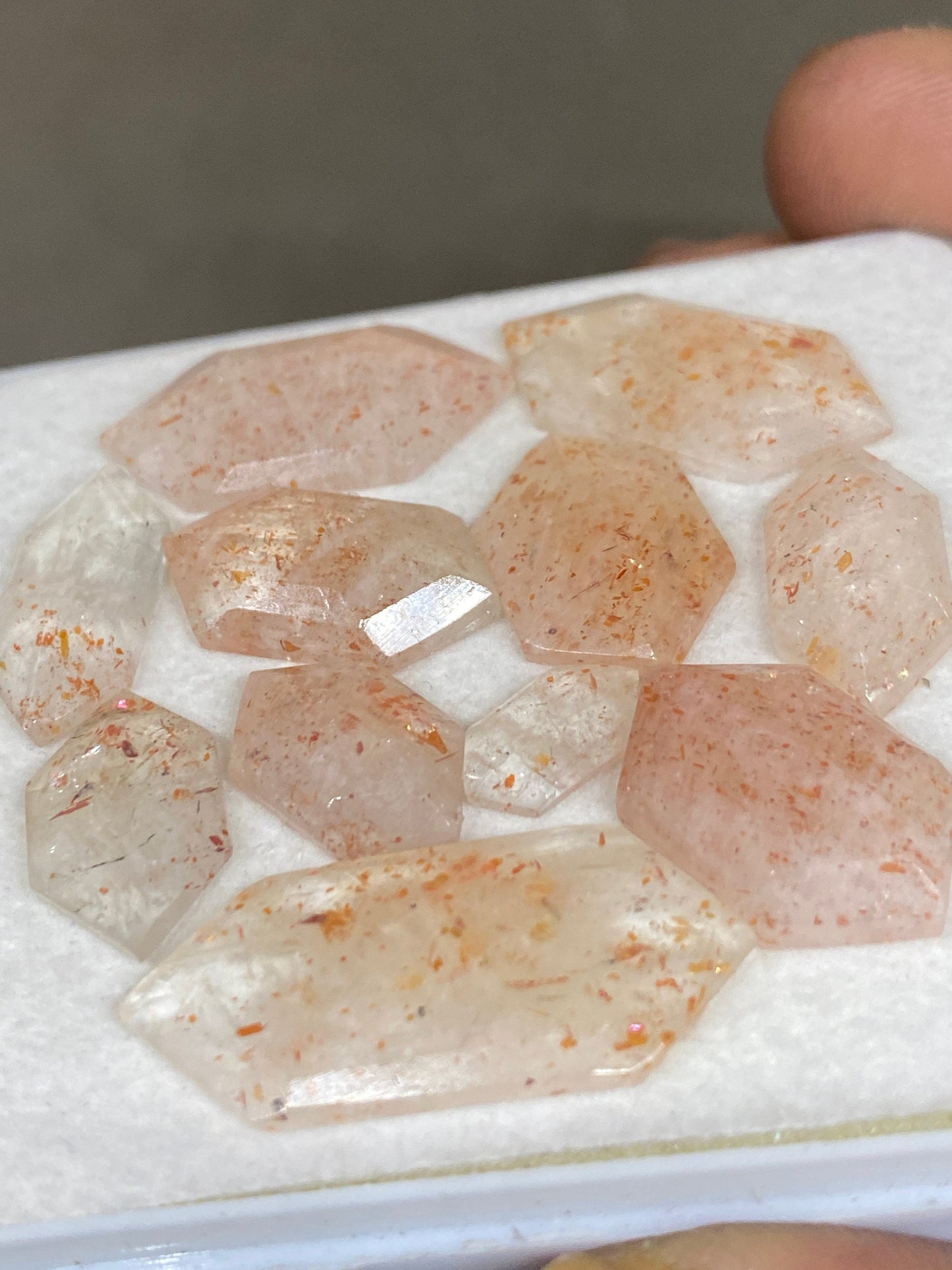 Amazing rare sunstone hexagon shape step cut flats wt 60 carats pcs 11 size 10.8x6mm-30x12mm sunstone geometric step cut flatback gems