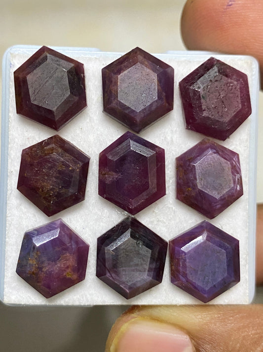 Nice rare mix sheen sapphire ruby geometric hexagon  mirror cut weight 50 cts pcs 9 size 11x10-12x11mm natural star sapphire step cuts