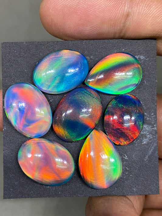 Fantastic Multi fire orange aurora opal and crystal doublet oval smooth cabochons pcs 7 Wt 66 carats  size 16x12-18x14mm ring pendant supply