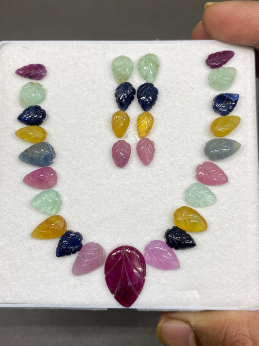 Rare natural emerald ruby blue sapphire yellow sapphire leaf carving necklace fine quality pcs 29 wt 60 cts size 9x6mm-18x13mm