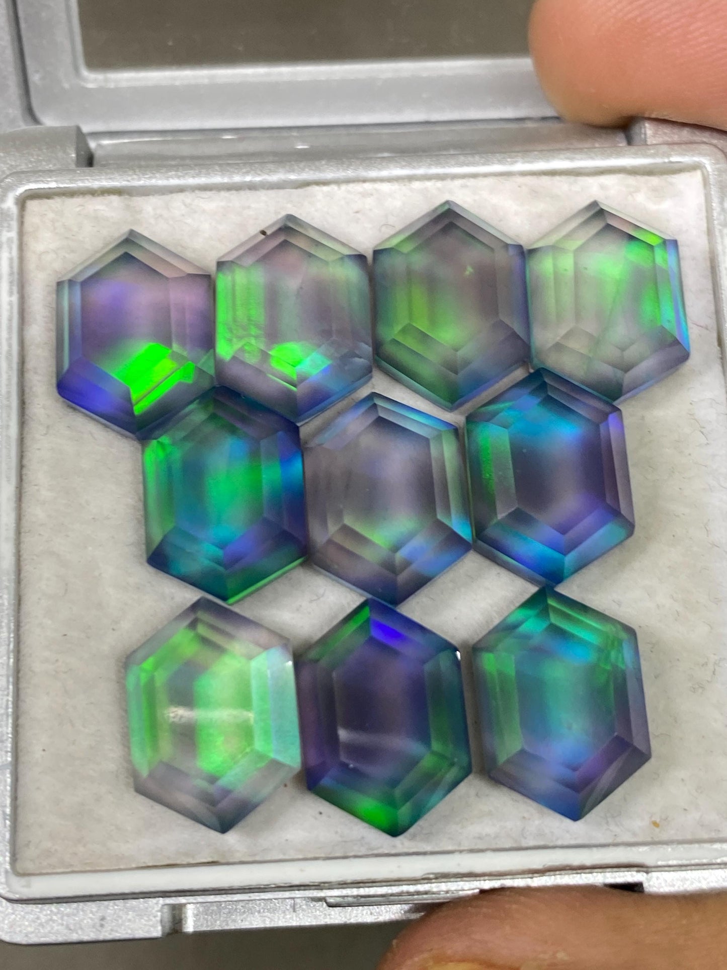 Attractive Multi green blue fire aurora opal and crystal doublet mirror cut Hexagon pcs 10 wt 62 cts rare size 14x10mm ring pendant supply