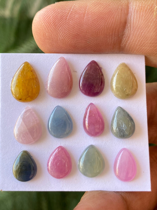 Dazzling Rare colorful natural sapphire  pear smooth flat cabochons fine  pcs 12 wt 27 cts size 8.9x7-12x8.5mm natural multi sapphire pear