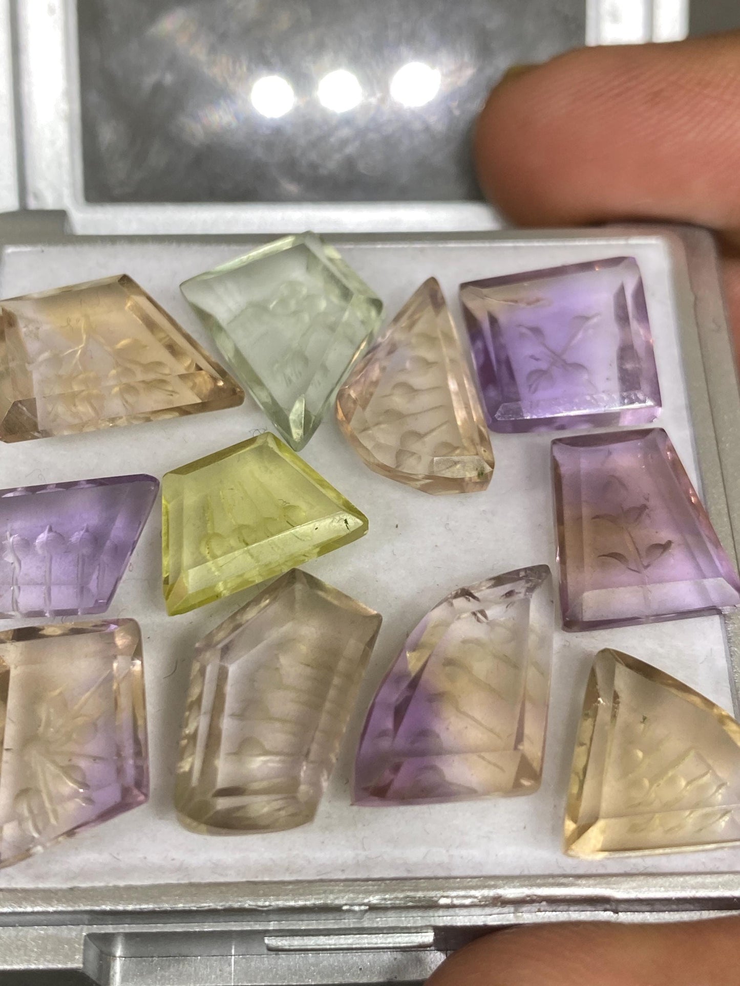 Stunning AAA Ametrine lemon quartz green amethyst intaglio carving cutstones wt 60 carats pcs 11 good size 12x8-16x15mm Ametrine carving