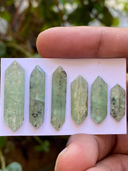 Stunning rare moss green kyanite hexagon elongated flats fine quality size 17x6-21x8mm wt 42.9 cts pcs 6 moss green hexagon