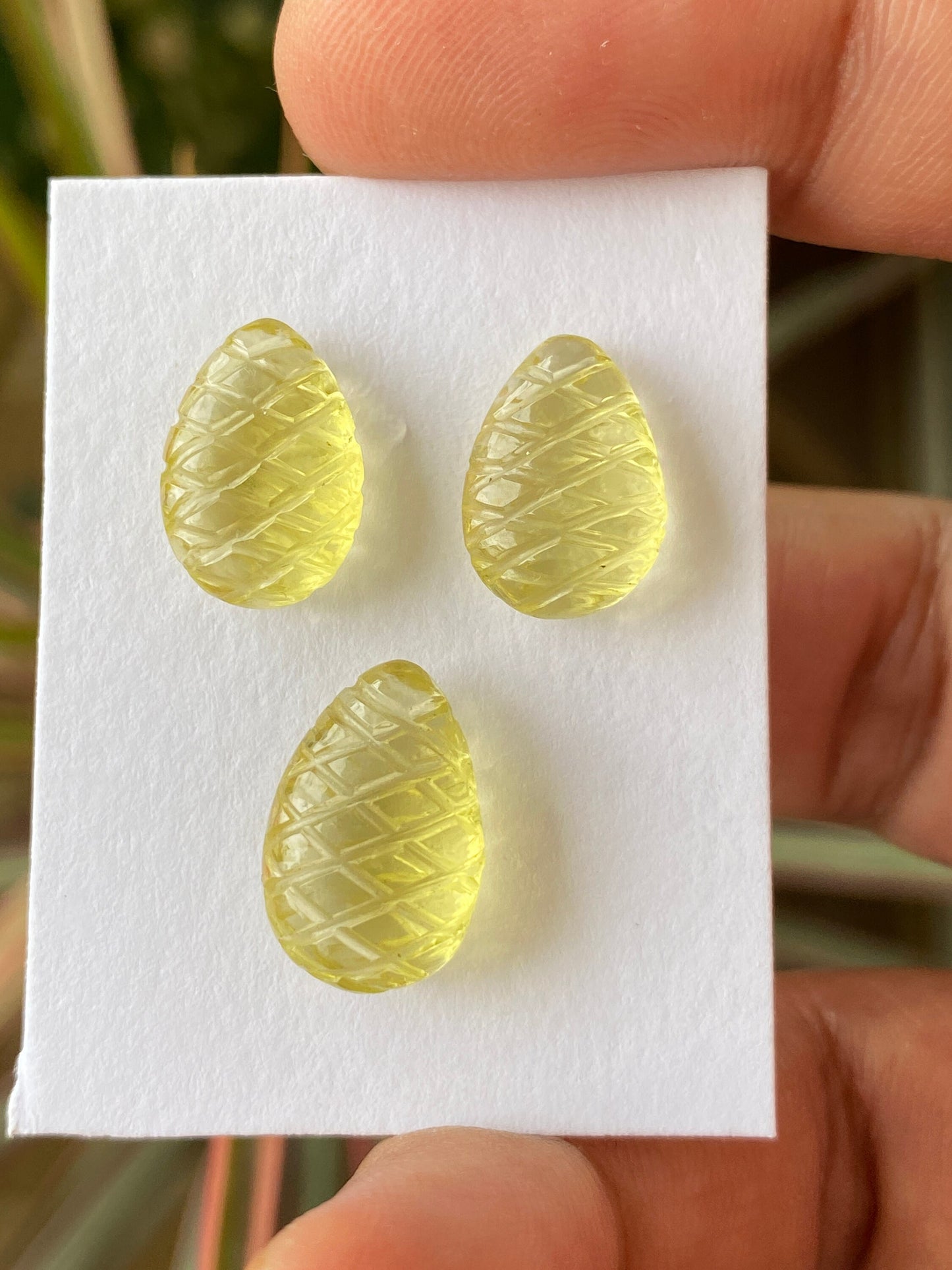 Wow Natural lemon quartz green gold hand carved earring pendant set wt 18 cts pcs 3 size 14x10mm-16x11mm lemon quartz carving gemstone set