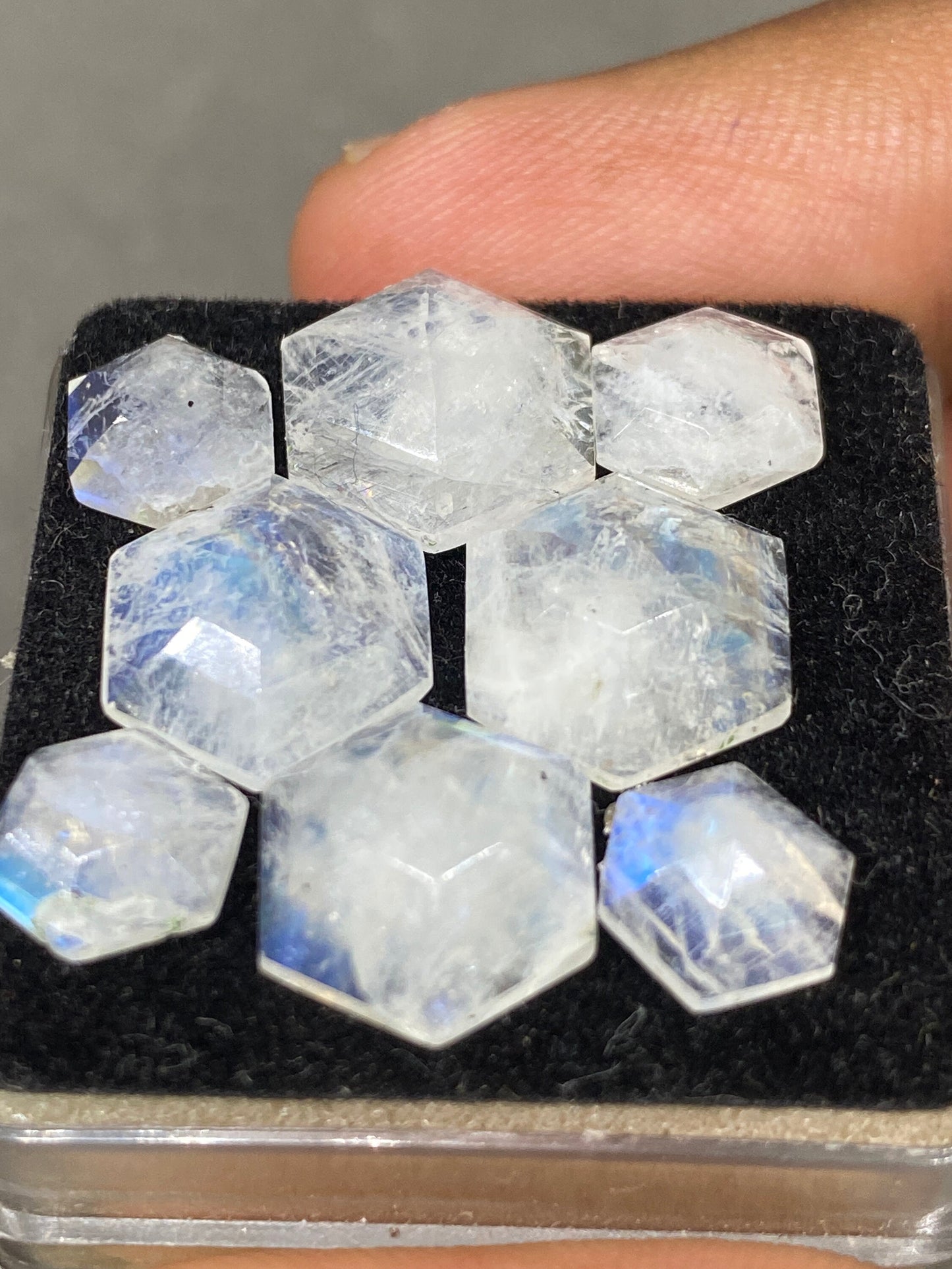 Blue fire white rainbow moonstone hexagon faceted step cut pcs 8 wt 23 cts size 7.6x7.3-11.5x11.3mm fire rainbow moonstone