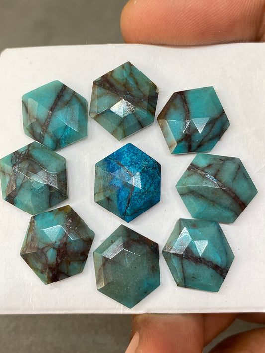 Stunning rare chrysocolla hexagon stepcut wholesale lot weight 43 carats pcs 9 size 14.2x11.7mm-15.5x12.5mm  flatback gems