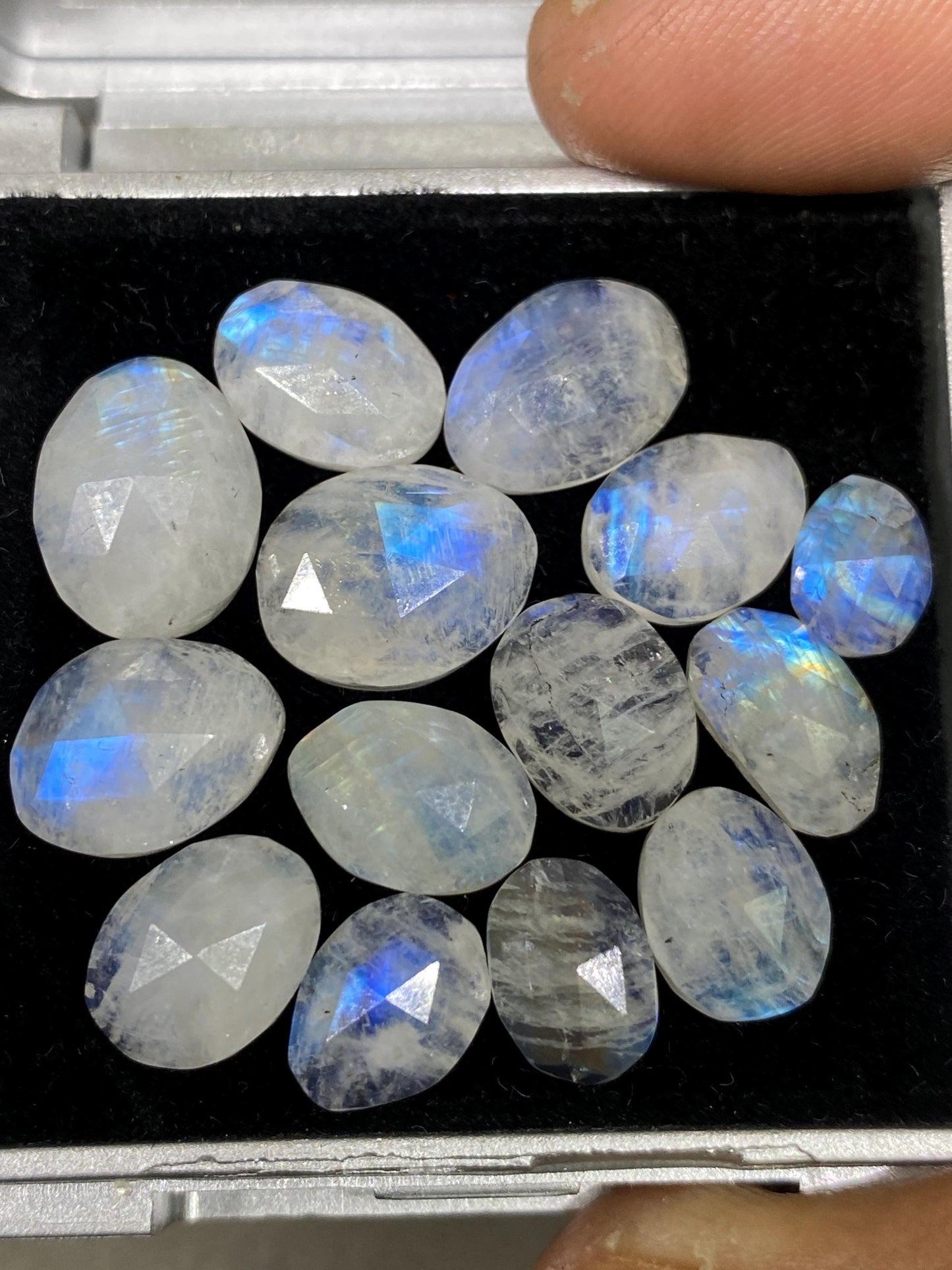 Cute Blue fire rainbow moonstone unusual faceted rosecut pcs 14 wt 46 cts size 8.5x6.5mm-13x10mm fire rainbow moonstone faceted moonstone