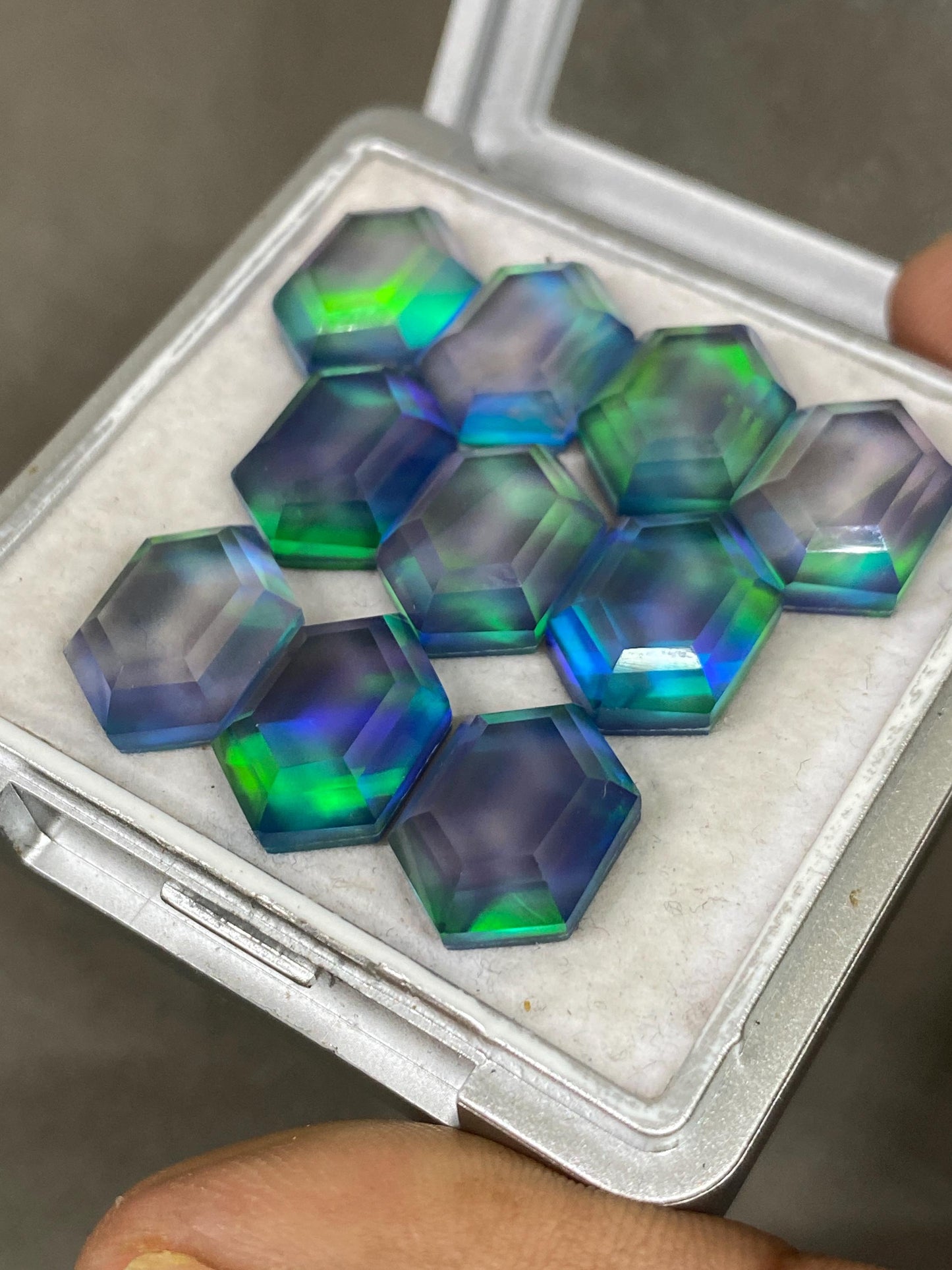 Attractive Multi green blue fire aurora opal and crystal doublet mirror cut Hexagon pcs 10 wt 62 cts rare size 14x10mm ring pendant supply