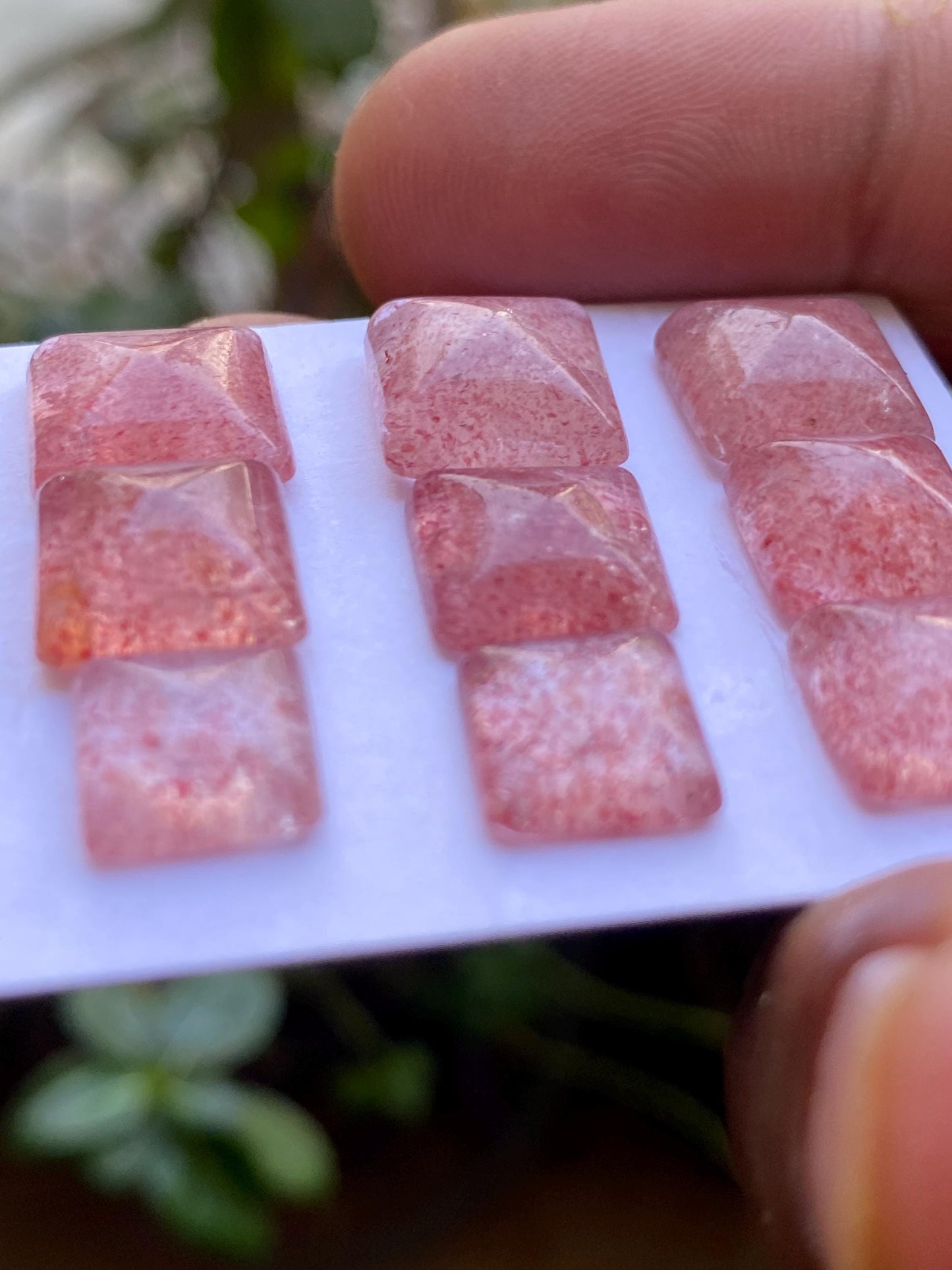 Mesmerising rare strawberry quartz sugar loaf cabochons  weight 35.65 cts pcs 9 size 9mm-11mm pink quartz sugar loaf cabcohon