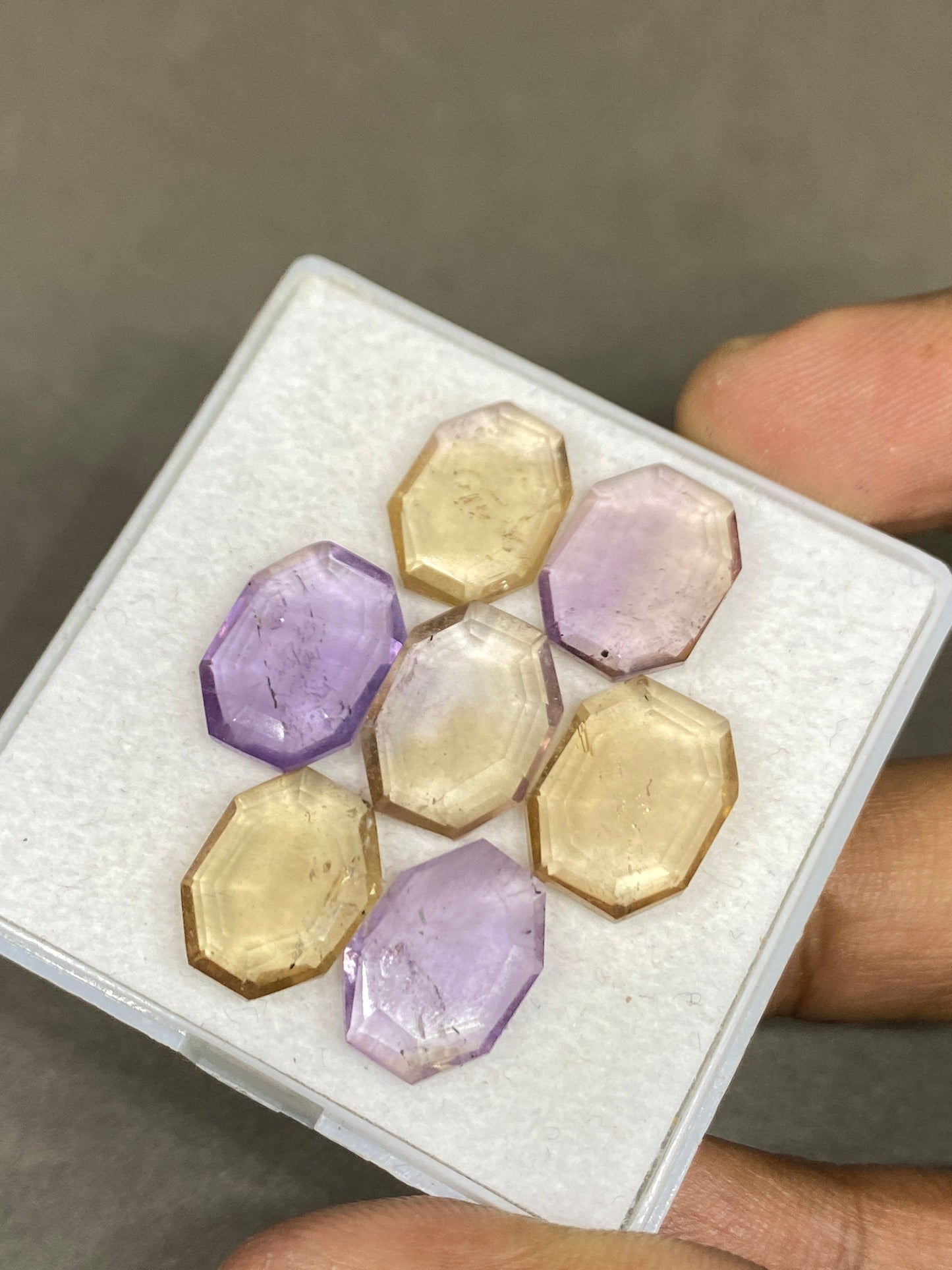 Amazing ametrine ovalish geometric  mirror cut big size aaa quality wt 35 cts pcs 7 size 14x10mm-14x11mmAmethyst citrine mirror cut hexagon