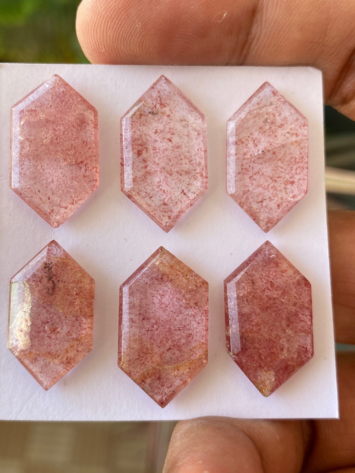 Mesmerising rare big strawberry quartz hexagon mirror cut weight 61.90 cts pcs 6 size 22x13-25x13mm Pink quartz mirror cut hexagon