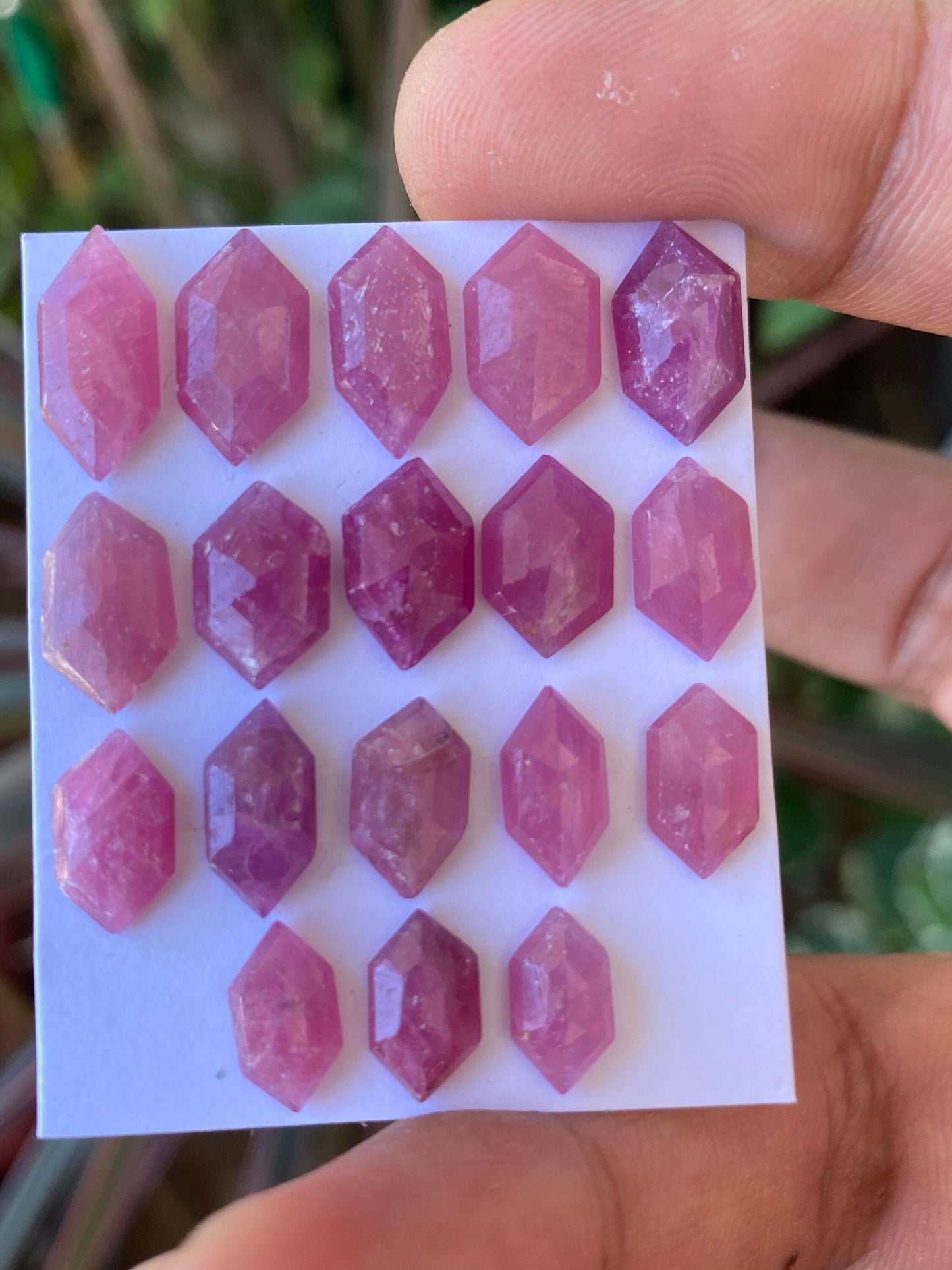 Fabulous rare natural unheated untreated ruby hexagon flat cut geometric pcs 18 wt 41.50 cts  size 9.9x5.7mm-14.3x6.6mm ruby mozambique mine