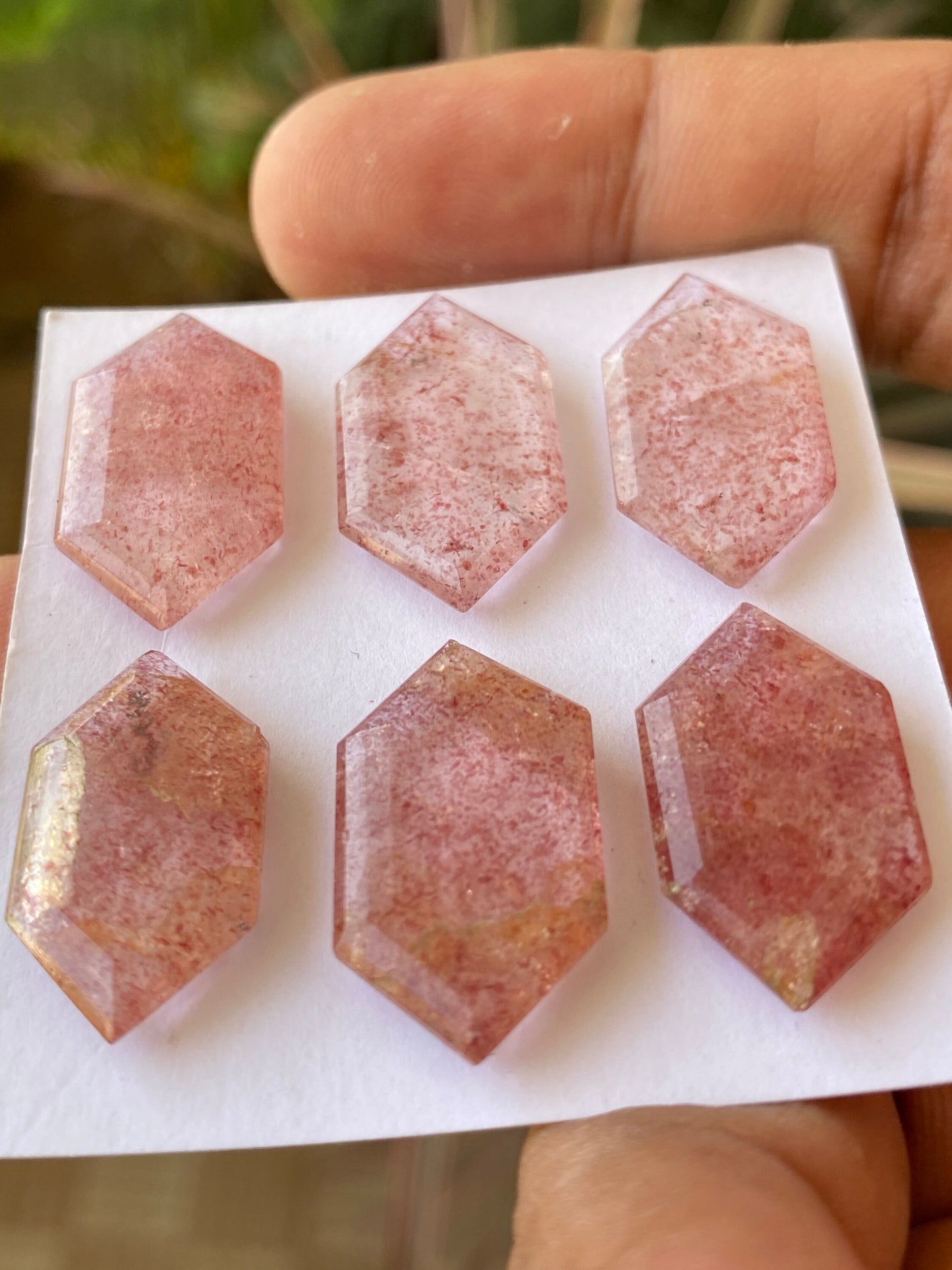 Mesmerising rare big strawberry quartz hexagon mirror cut weight 61.90 cts pcs 6 size 22x13-25x13mm Pink quartz mirror cut hexagon