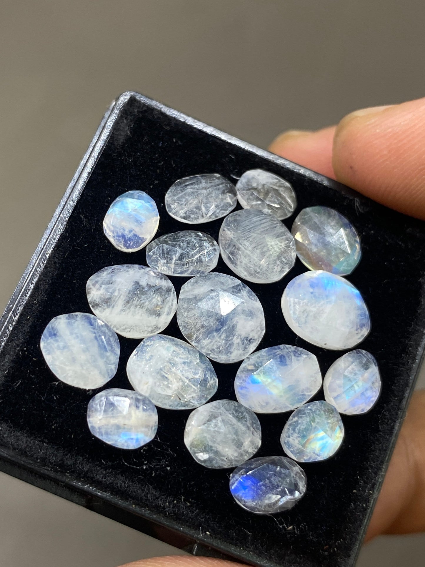 Nice Blue fire rainbow moonstone unusual faceted rosecut pcs 17 wt 19 cts size 6x5mm-9x8mm beautiful fire rainbow moonstone facted