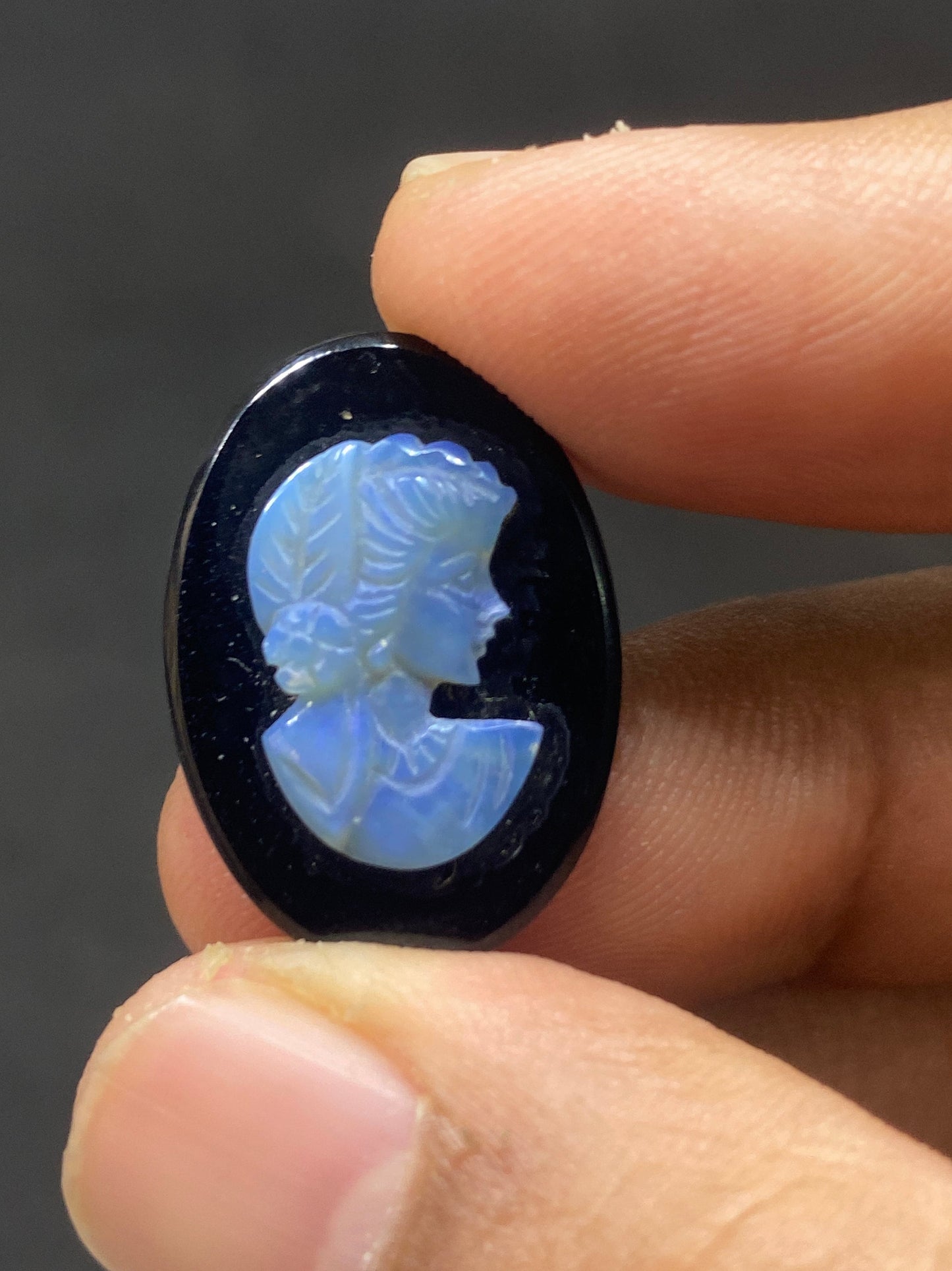 Fascinating blue fire australian opal women face carving princess face carving  wt 11 carats pcs 1 size 16x10mm Australian opal face carving