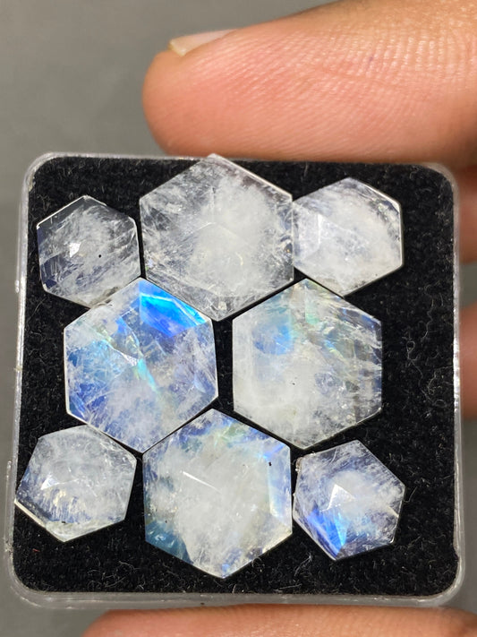 Blue fire white rainbow moonstone hexagon faceted step cut pcs 8 wt 23 cts size 7.6x7.3-11.5x11.3mm fire rainbow moonstone