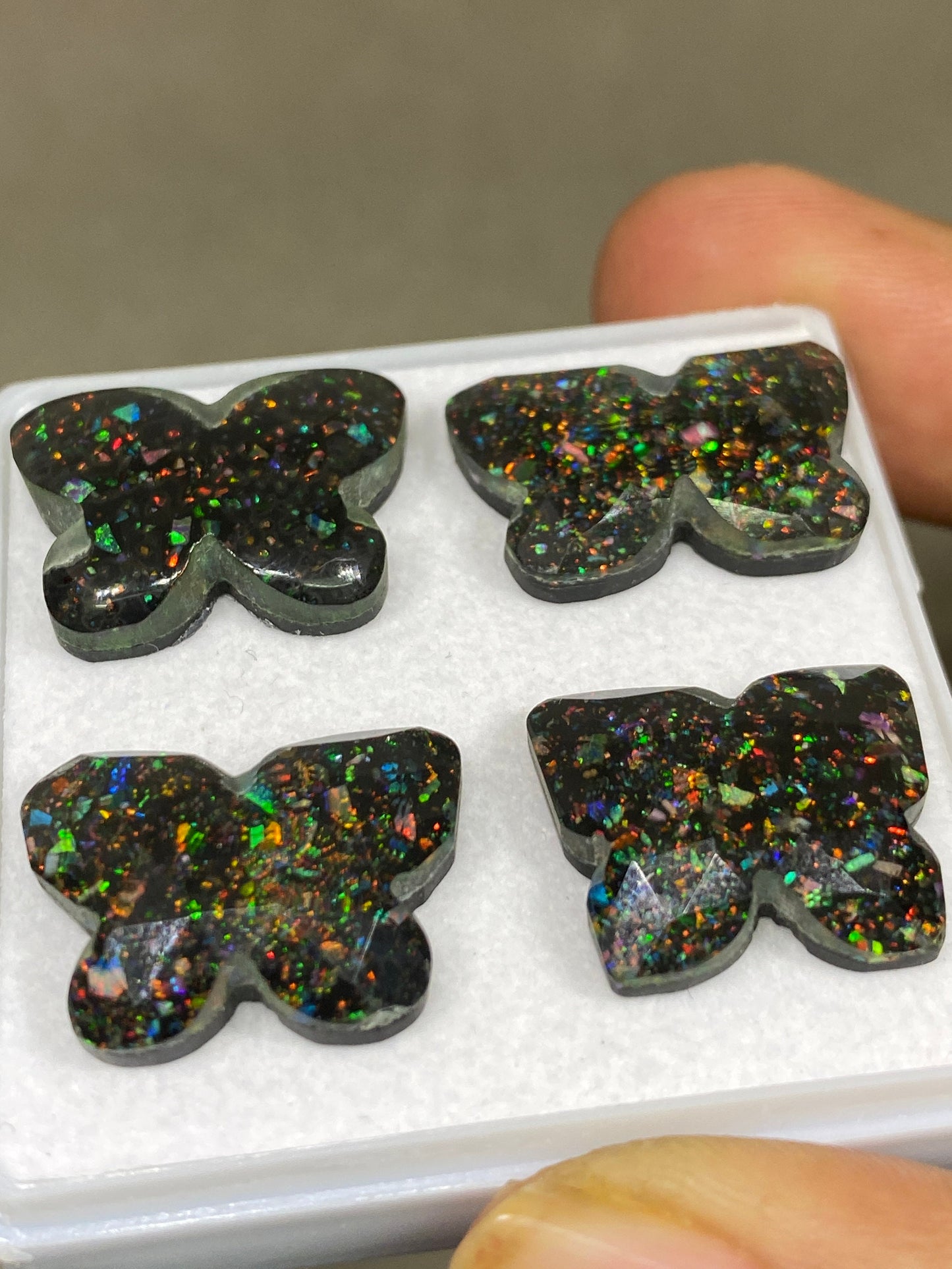 Fascinating  Multi fire opal synthetic aurora opal with black onyx faceted butterfly carving pcs 4 wt 52 cts 19x15-22x15mm butterfly carving