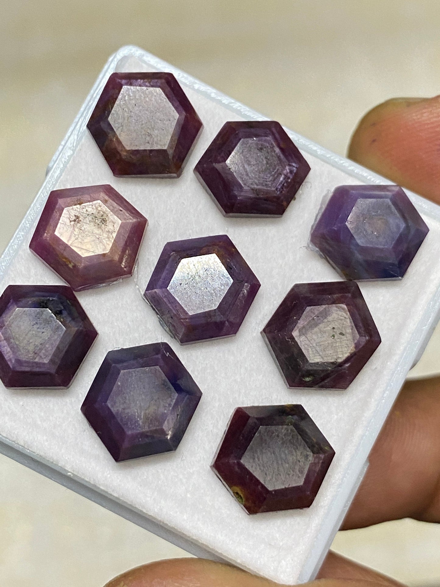 Blingy rare sheen sapphire ruby geometric hexagon  fancy mirror cut weight 40.80 cts pcs 9 size 11.5x10mm natural star sapphire step cuts