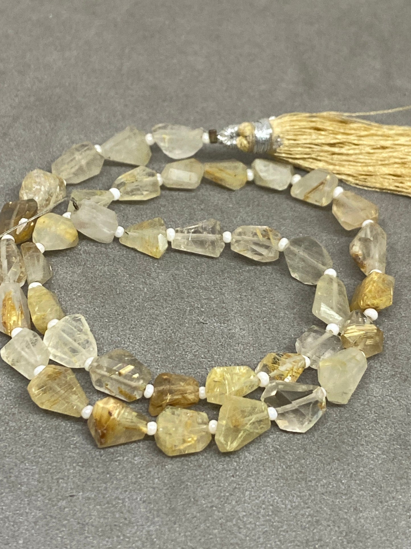 Natural golden rutile faceted geometric nuggets strand 14 inches pcs 39 wt 63 carats size 7x6mm-9x6mm Faceted golden rutile nuggets tumble