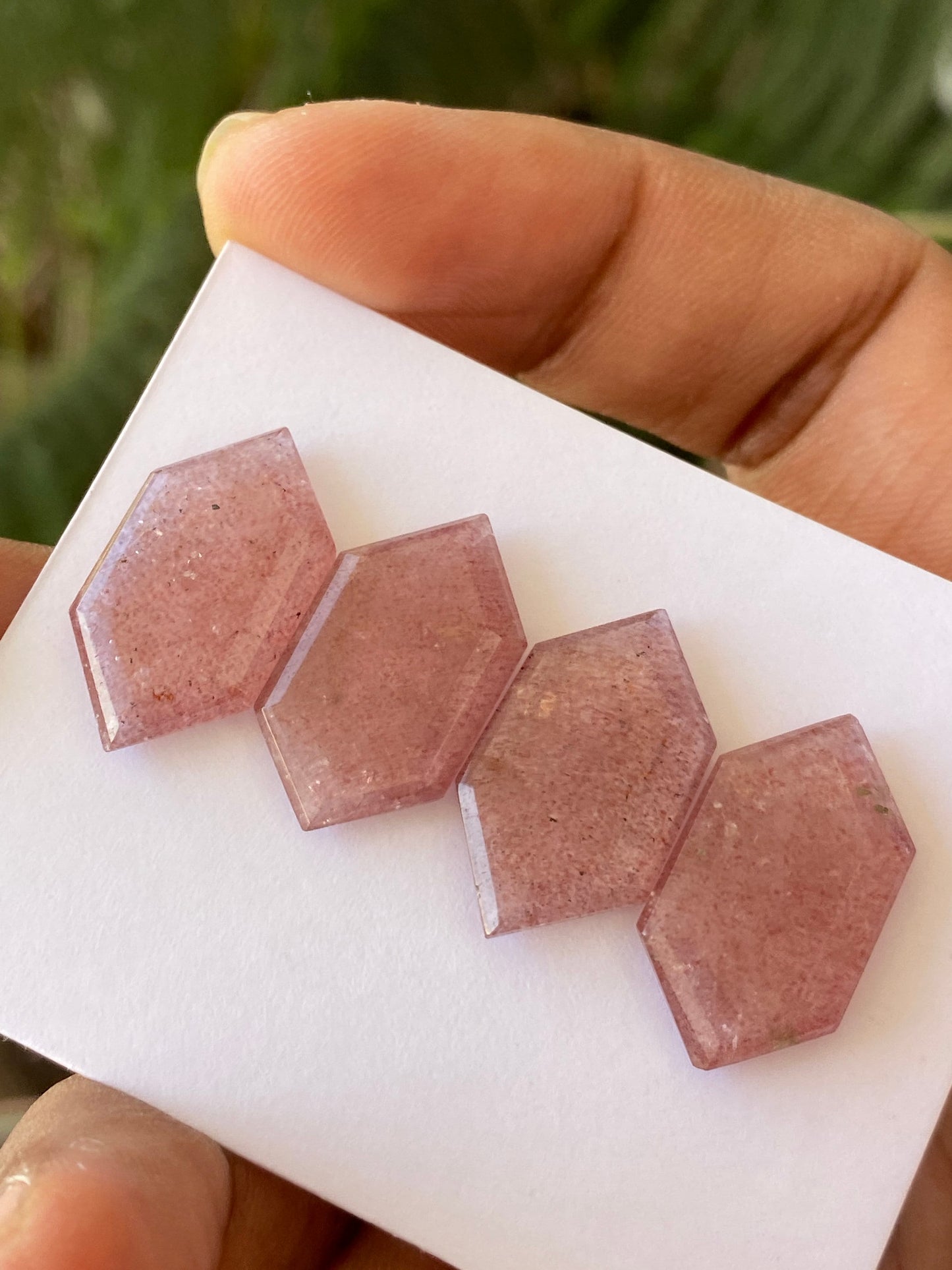 Mesmerising rare big strawberry quartz hexagon mirror cut weight 42 cts pcs 4 size 23x13-24x13mm Pink quartz mirror cut hexagon