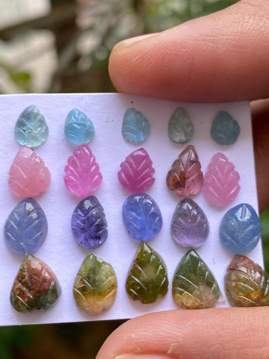 Attractive Watermelon tourmaline aquamarine pink sapphire tanzanite leaves carvings wt 25 carats pcs 20 size 6x5mm-9x8mm leaf carving