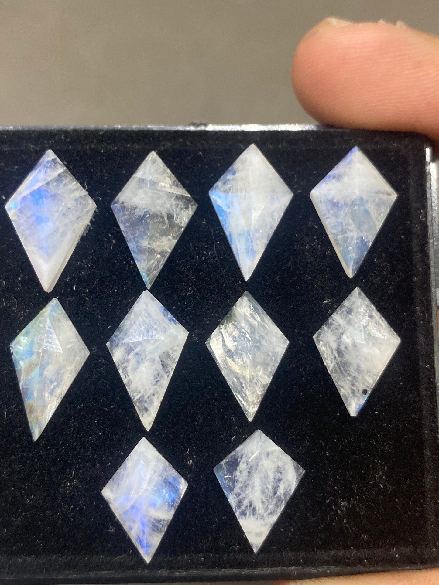 Vivacious rare Blue fire white rainbow moonstone faceted rosecut Diamond pcs 10 wt 35 cts size 11x14mm-18x10mm fire rainbow moonstone